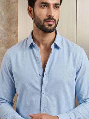 FIRSTLAYER Men's Cotton Blend Formal Shirt | Stretch Fabric | Tailored Fit | Full Sleeve |Light Blue