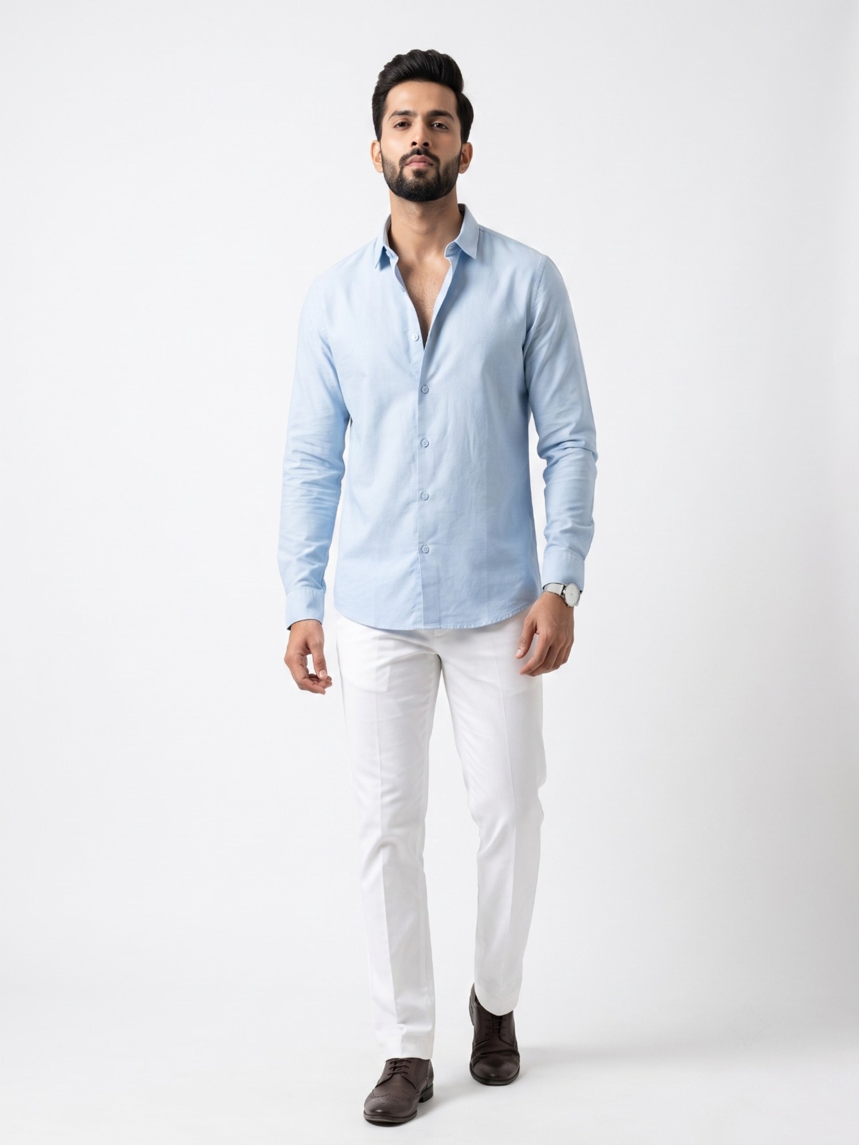 FIRSTLAYER Men's Cotton Blend Formal Shirt | Stretch Fabric | Tailored Fit | Full Sleeve |Light Blue