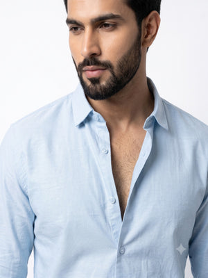 FIRSTLAYER Men's Cotton Blend Formal Shirt | Stretch Fabric | Tailored Fit | Full Sleeve |Light Blue