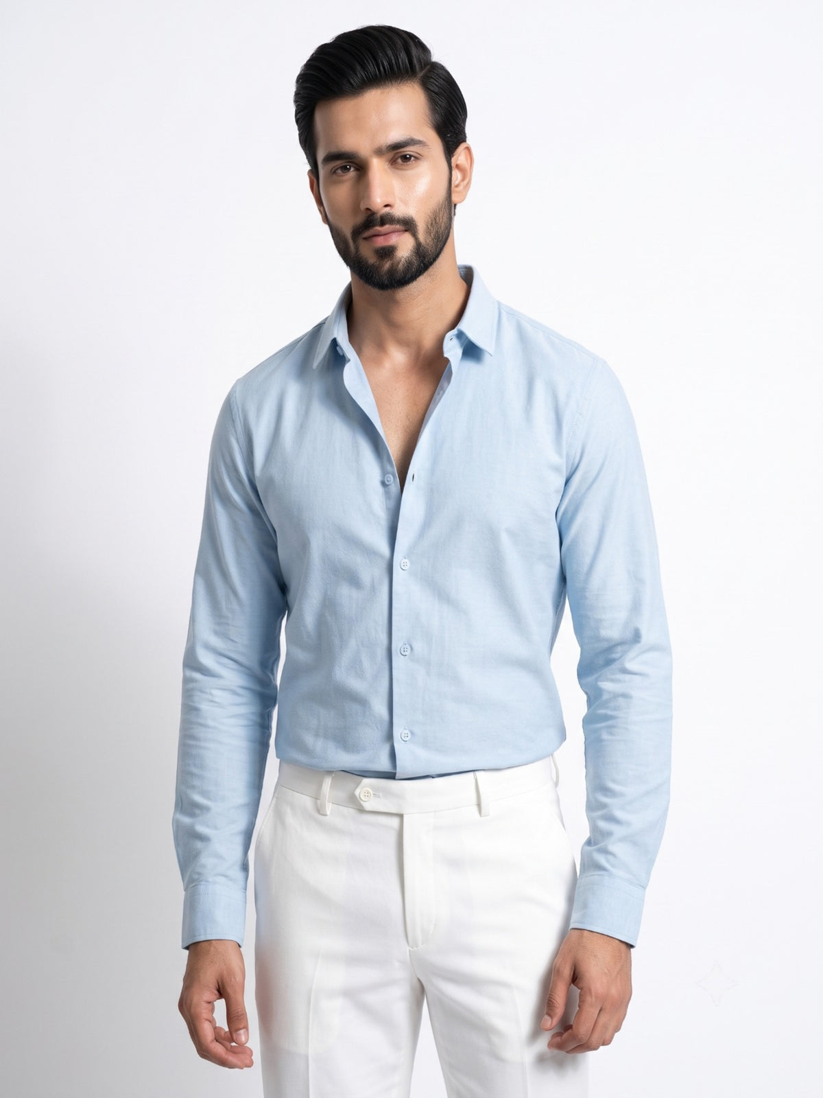 FIRSTLAYER Men's Cotton Blend Formal Shirt | Stretch Fabric | Tailored Fit | Full Sleeve |Light Blue
