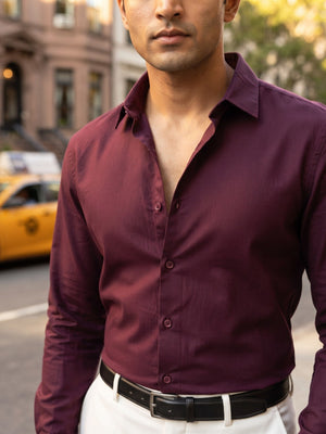 FIRSTLAYER Men's Cotton Blend Formal Shirt | Stretch Fabric | Tailored Fit | Full Sleeve |Maroon