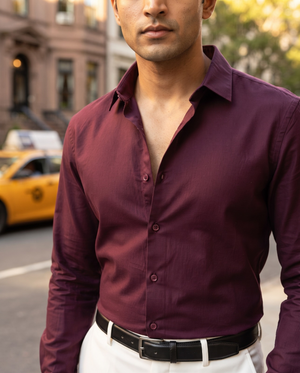 FIRSTLAYER Men's Cotton Blend Formal Shirt | Stretch Fabric | Tailored Fit | Full Sleeve |Maroon