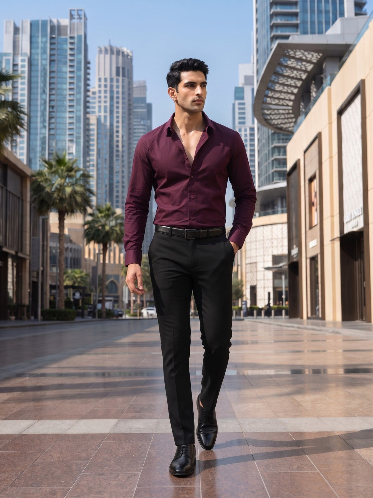 FIRSTLAYER Men's Cotton Blend Formal Shirt | Stretch Fabric | Tailored Fit | Full Sleeve |Maroon