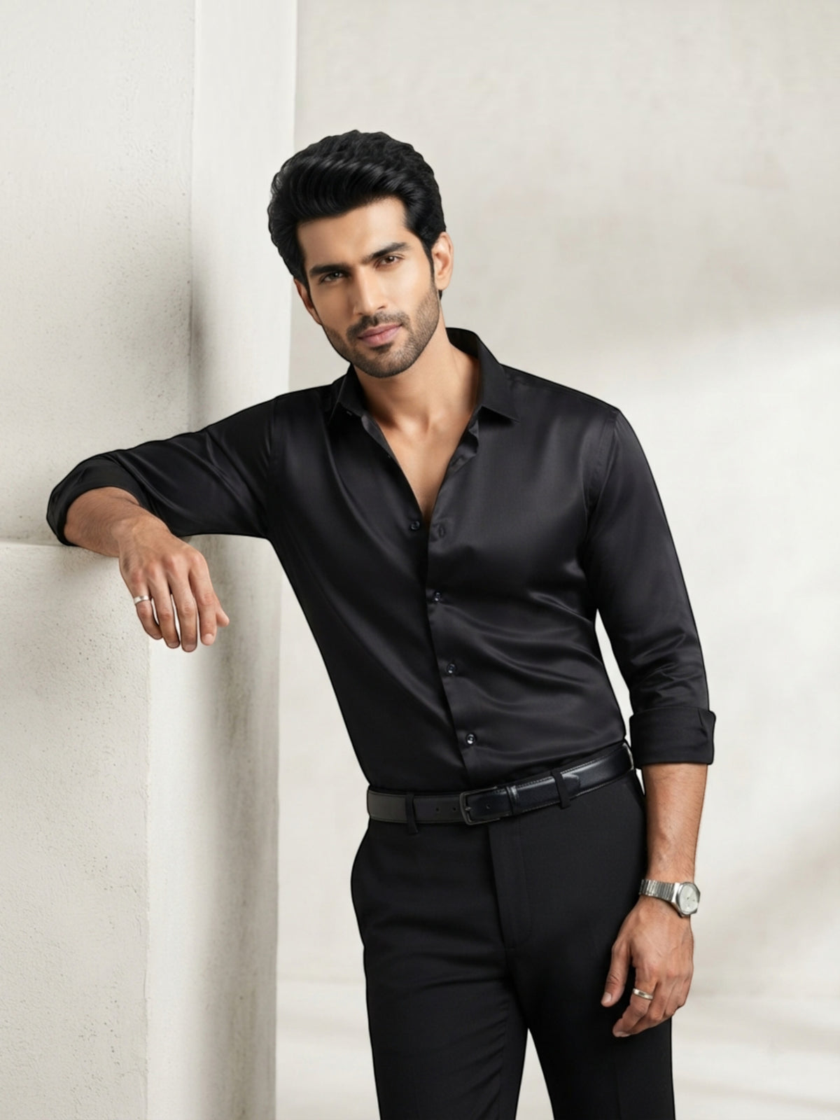 FirstLayer Premium Men's Stretch Silken Shirt | Black