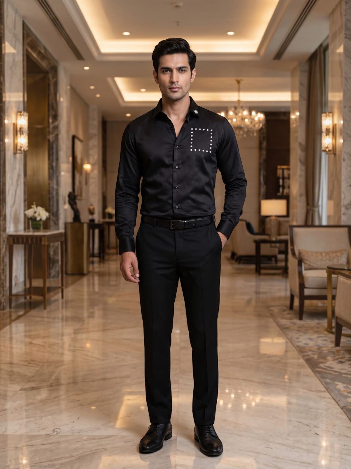 FIRSTLAYER Men's Midnight Black Polka Satin Shirt | Premium Satin | Regular/Slim Fit | Full Sleeve
