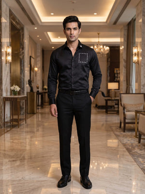 FIRSTLAYER Men's Midnight Black Polka Satin Shirt | Premium Satin | Regular/Slim Fit | Full Sleeve