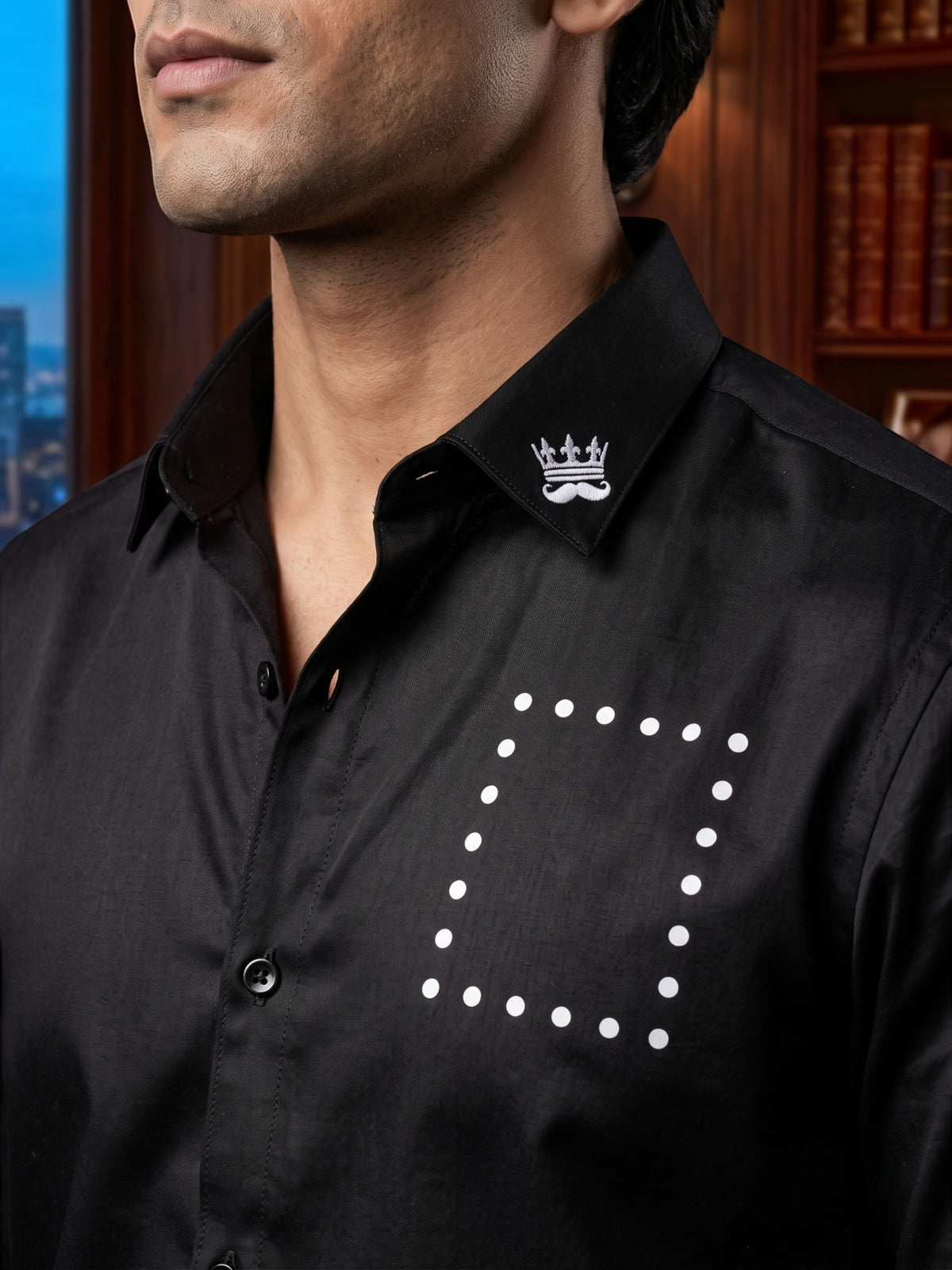 FIRSTLAYER Men's Midnight Black Polka Satin Shirt | Premium Satin | Regular/Slim Fit | Full Sleeve
