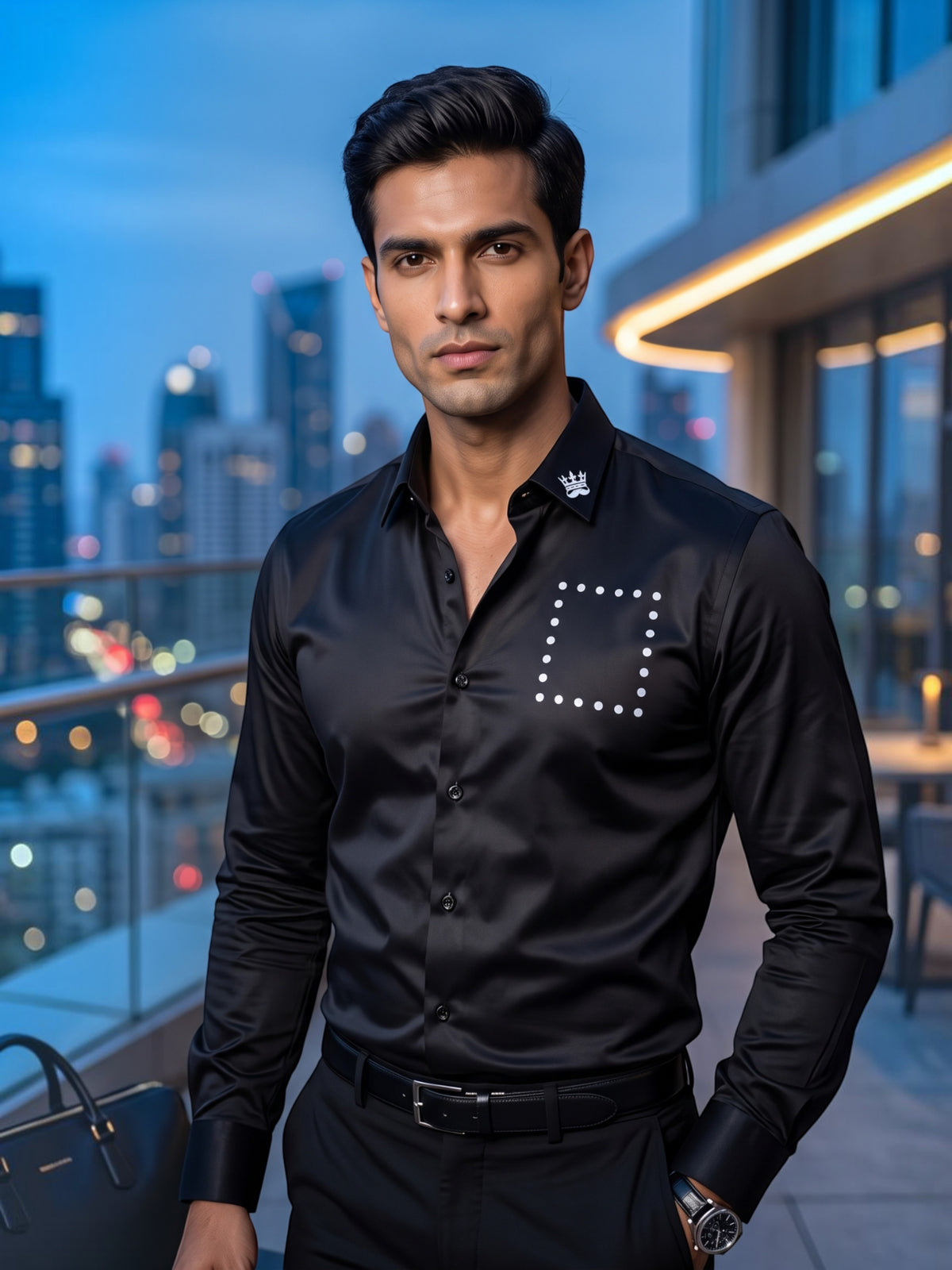 FIRSTLAYER Men's Midnight Black Polka Satin Shirt | Premium Satin | Regular/Slim Fit | Full Sleeve