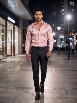 FIRSTLAYER Men's Blush Pink Polka Satin Shirt | Premium Satin | Regular/Slim Fit | Full Sleeve