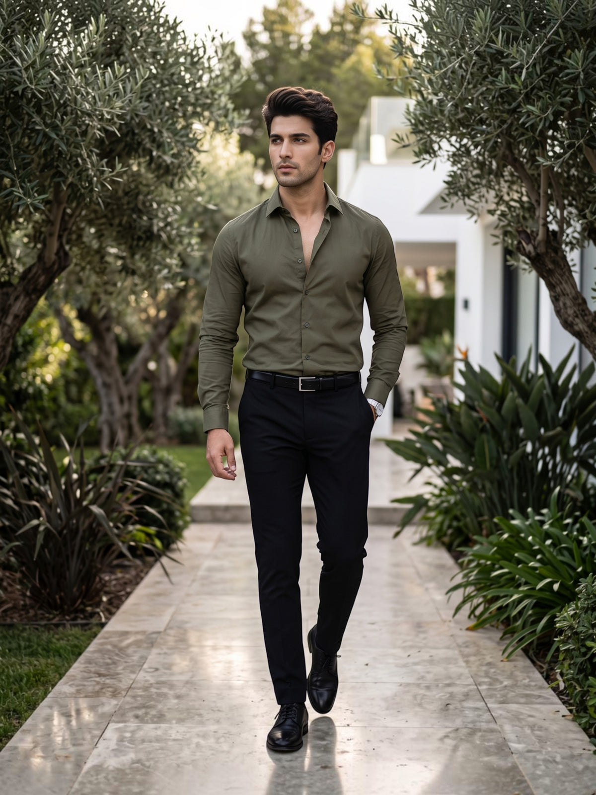 FirstLayer Premium Men's Stretch Silken Shirt | Olive Green