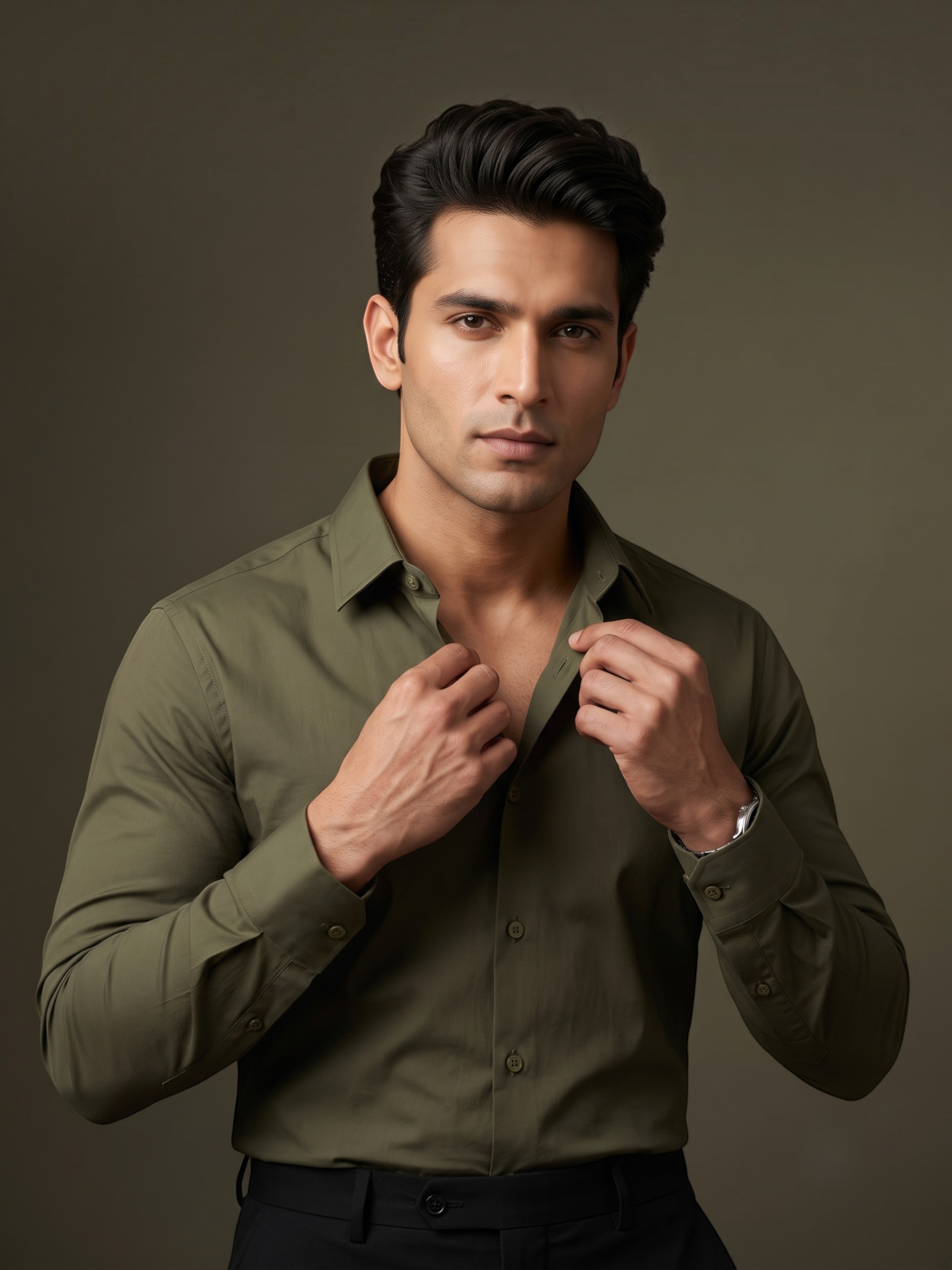 FirstLayer Premium Men's Stretch Silken Shirt | Olive Green