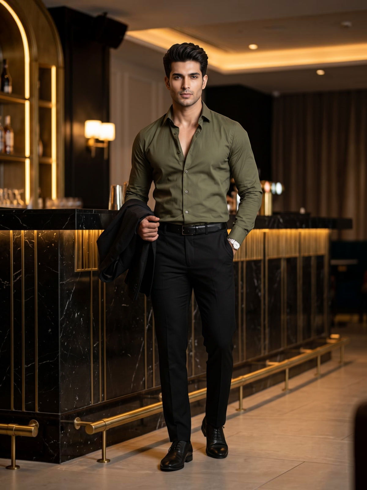FirstLayer Premium Men's Stretch Silken Shirt | Olive Green