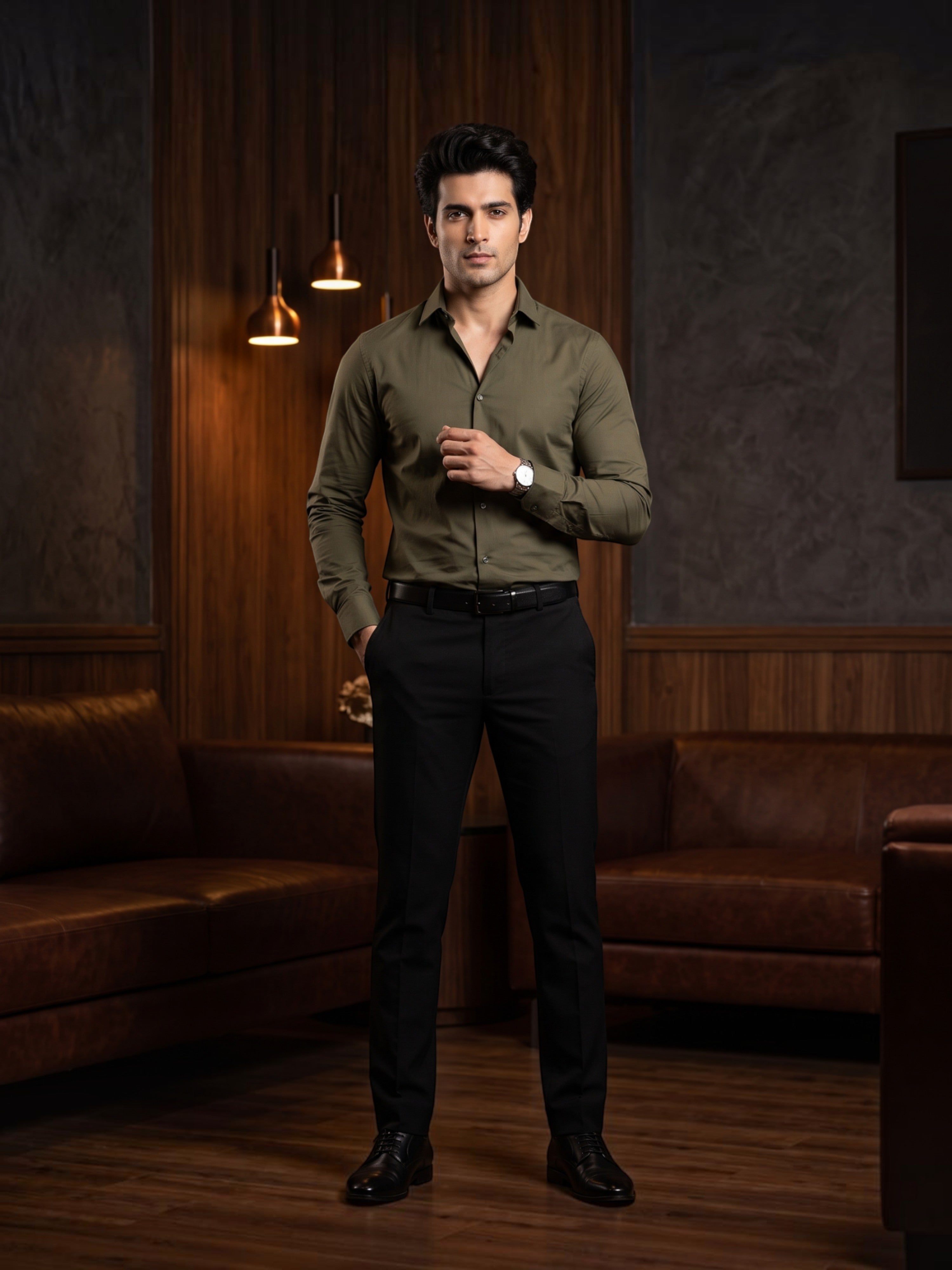 FirstLayer Premium Men's Stretch Silken Shirt | Olive Green