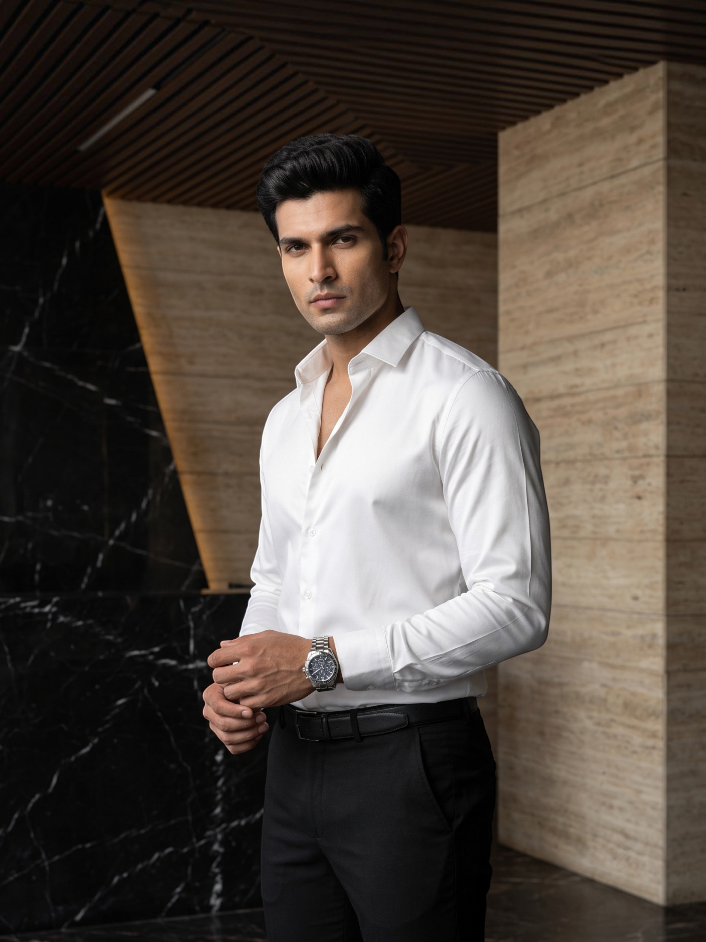 FirstLayer Premium Men's Stretch Silken Shirt | White
