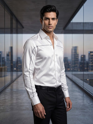 FIRSTLAYER Men's White Polka Satin Shirt | Premium Satin | Regular/Slim Fit | Full Sleeve