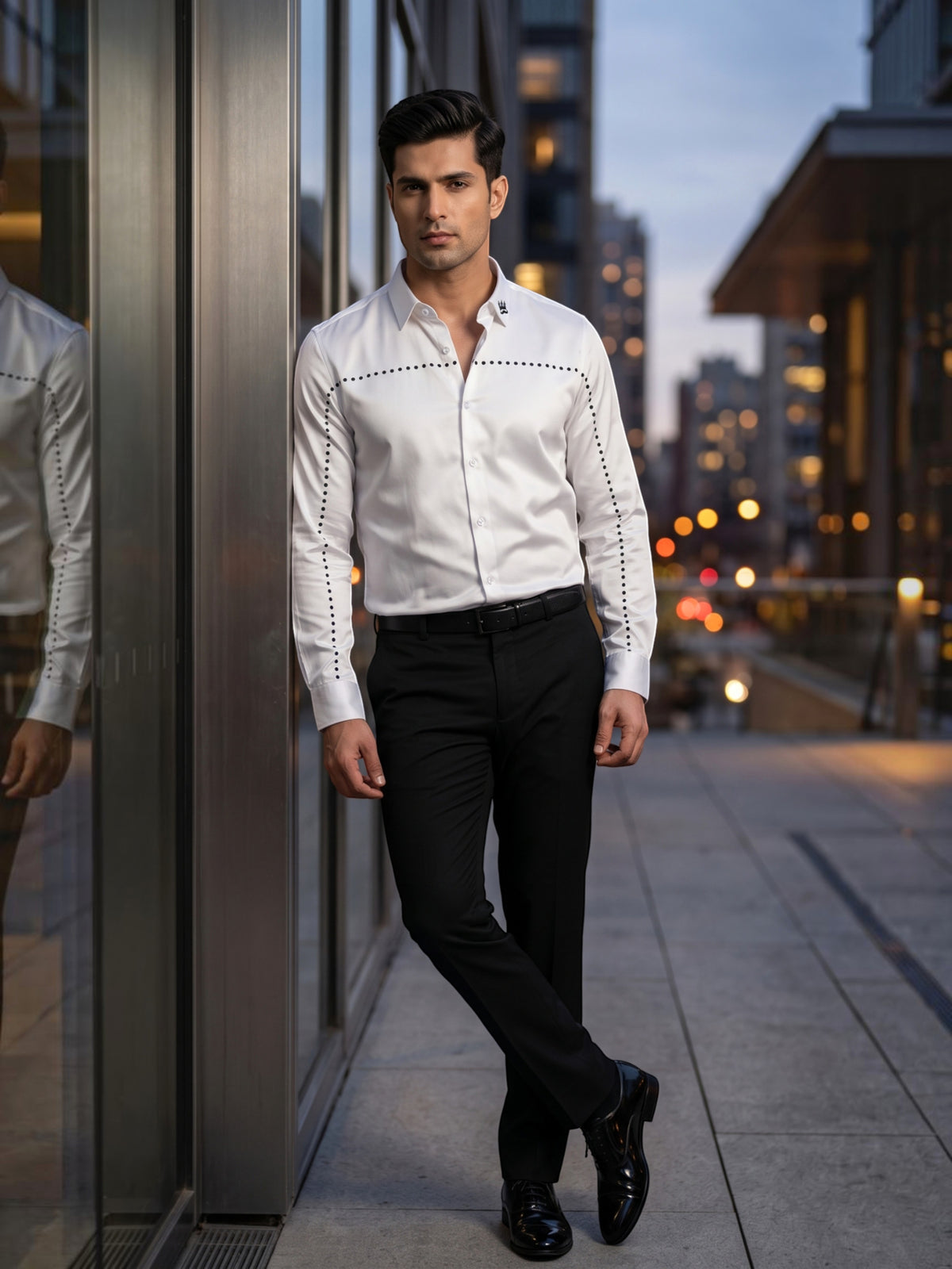 FIRSTLAYER Men's White Polka Satin Shirt | Premium Satin | Regular/Slim Fit | Full Sleeve