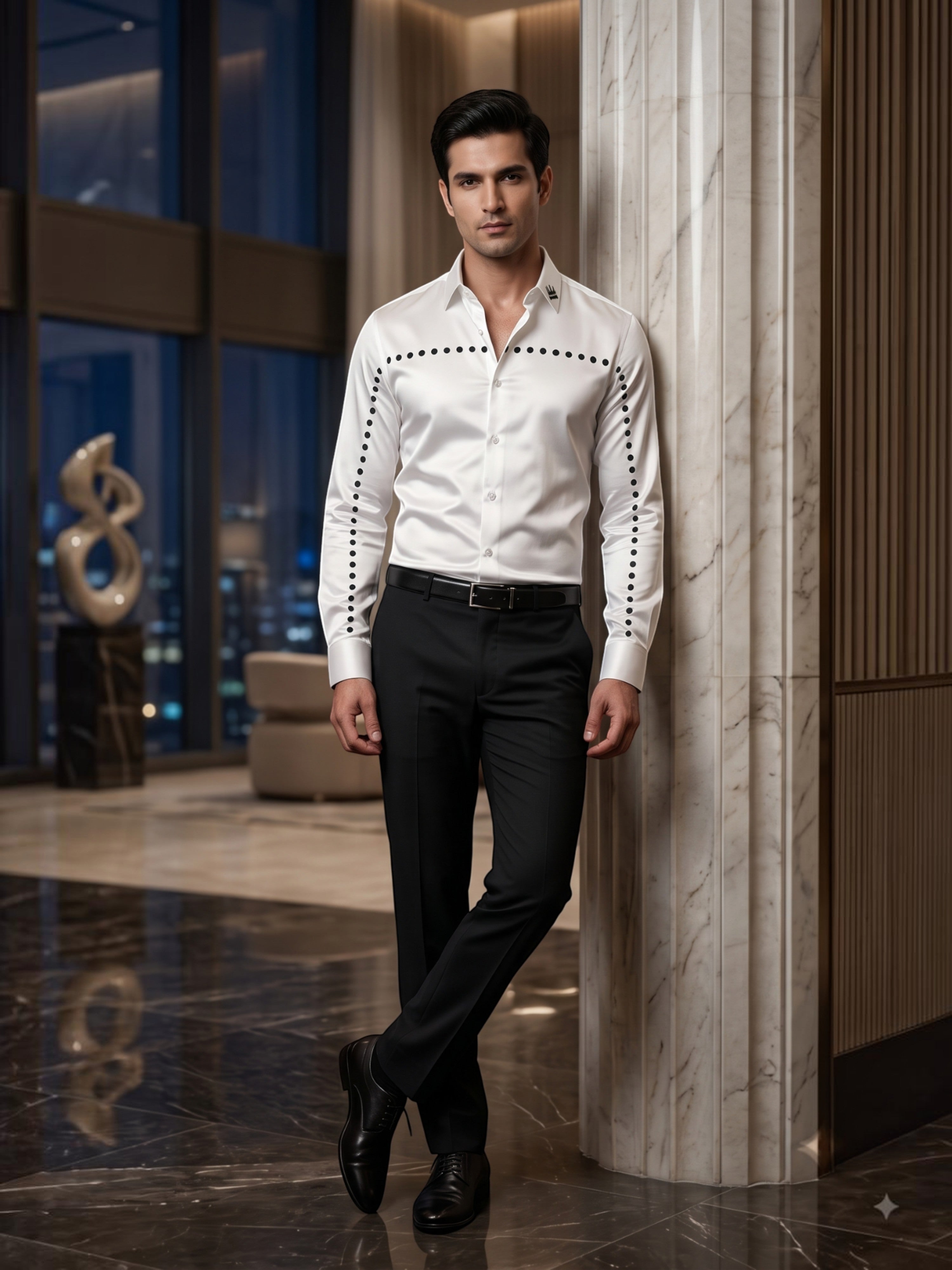FIRSTLAYER Men's White Polka Satin Shirt | Premium Satin | Regular/Slim Fit | Full Sleeve