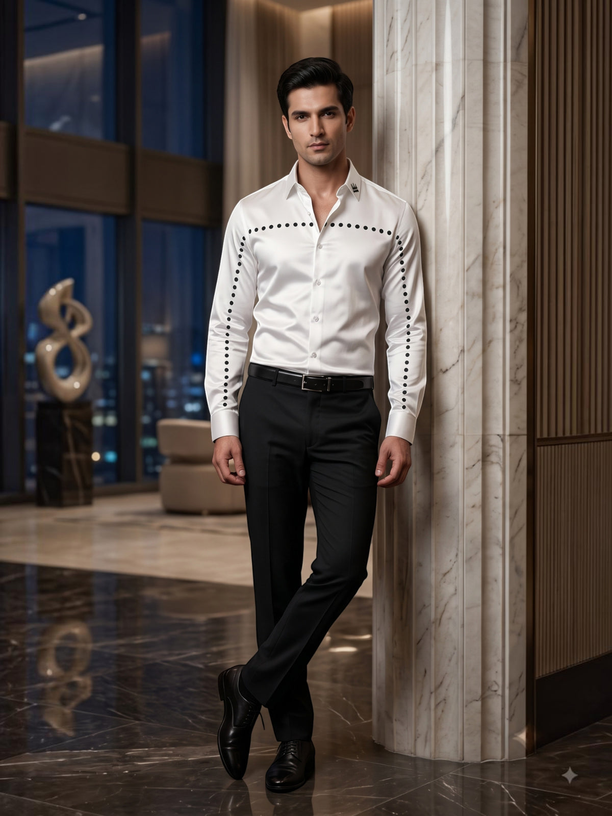 FIRSTLAYER Men's White Polka Satin Shirt | Premium Satin | Regular/Slim Fit | Full Sleeve