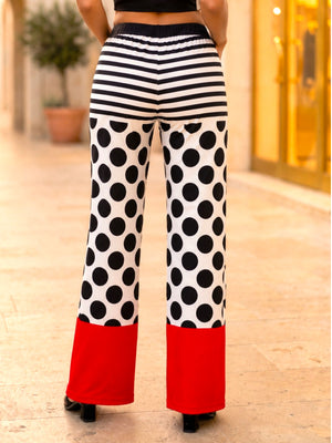 FIRSTLAYER Women's Polka Dot Lycra Flared Pants | Striped Waistband | Red Contrast Hem | Stretch Fit