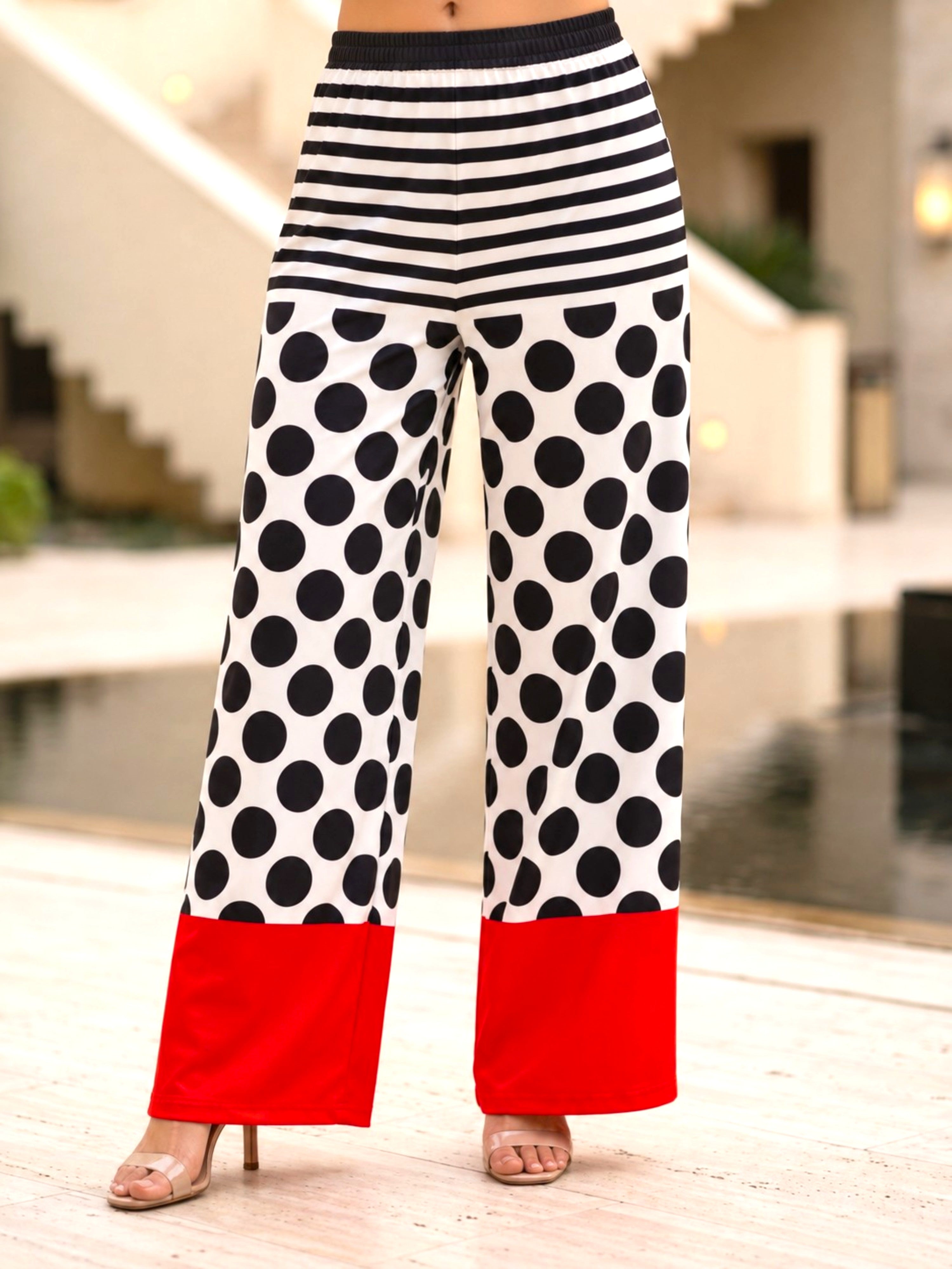 FIRSTLAYER Women's Polka Dot Lycra Flared Pants | Striped Waistband | Red Contrast Hem | Stretch Fit