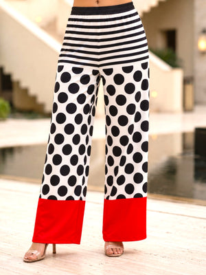 FIRSTLAYER Women's Polka Dot Lycra Flared Pants | Striped Waistband | Red Contrast Hem | Stretch Fit