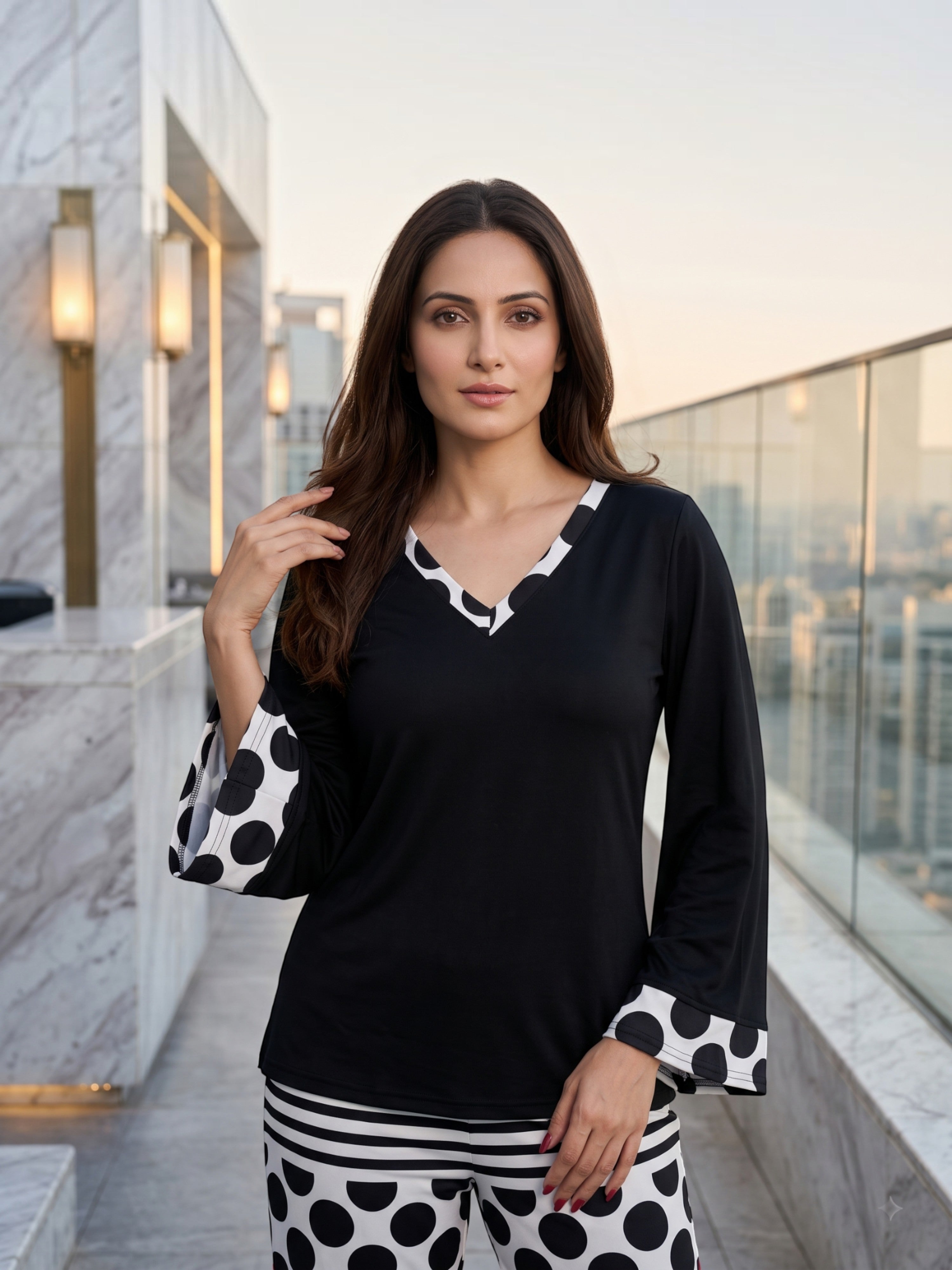 FIRSTLAYER Women's Black Polka Dot Bell Sleeve Top | Premium Lycra | V-Neck | Stretch Fit