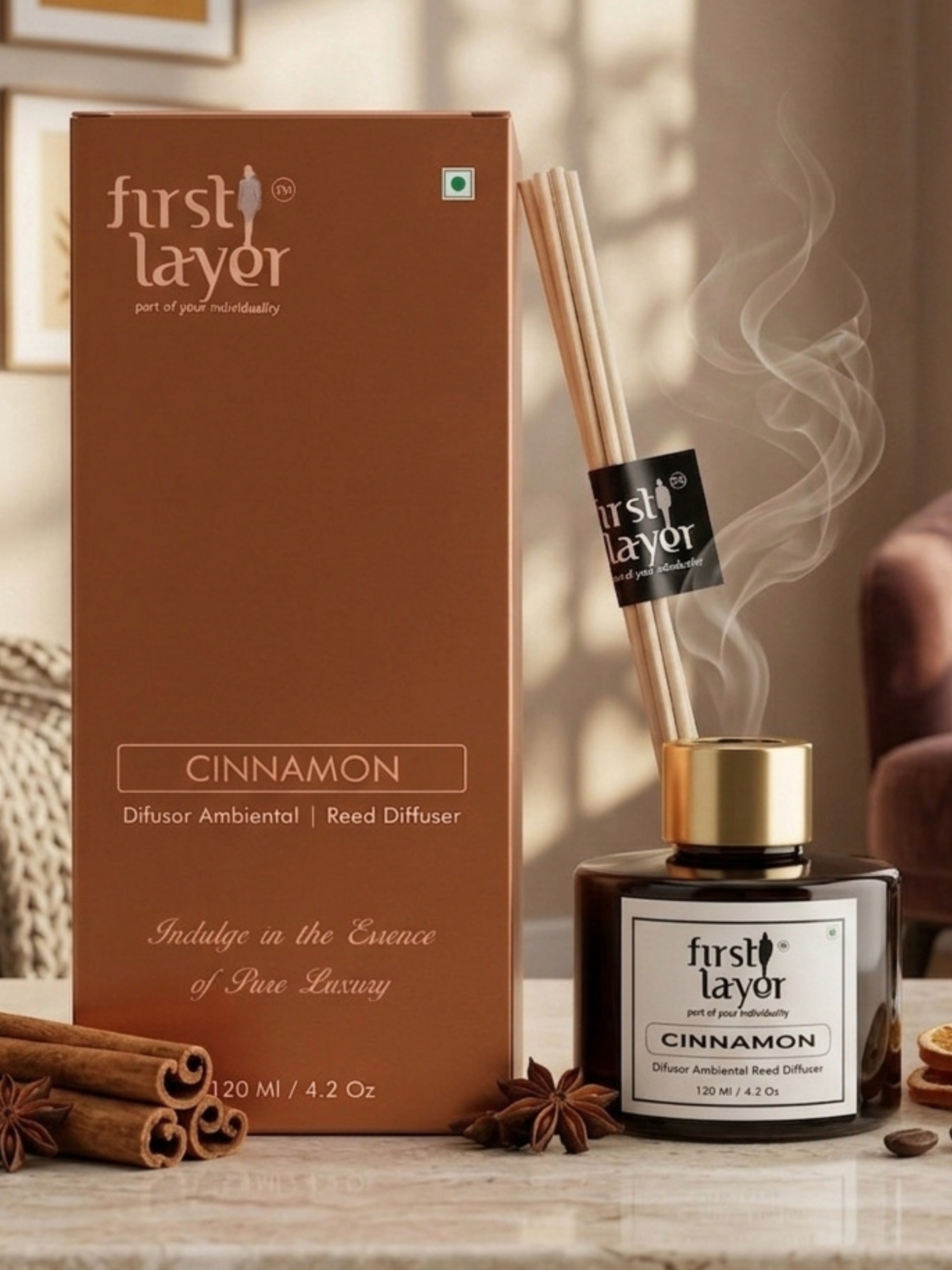 firstLayer Cinnamon Reed Diffuser | Premium Aromatic Essential Oil Room Fragrance