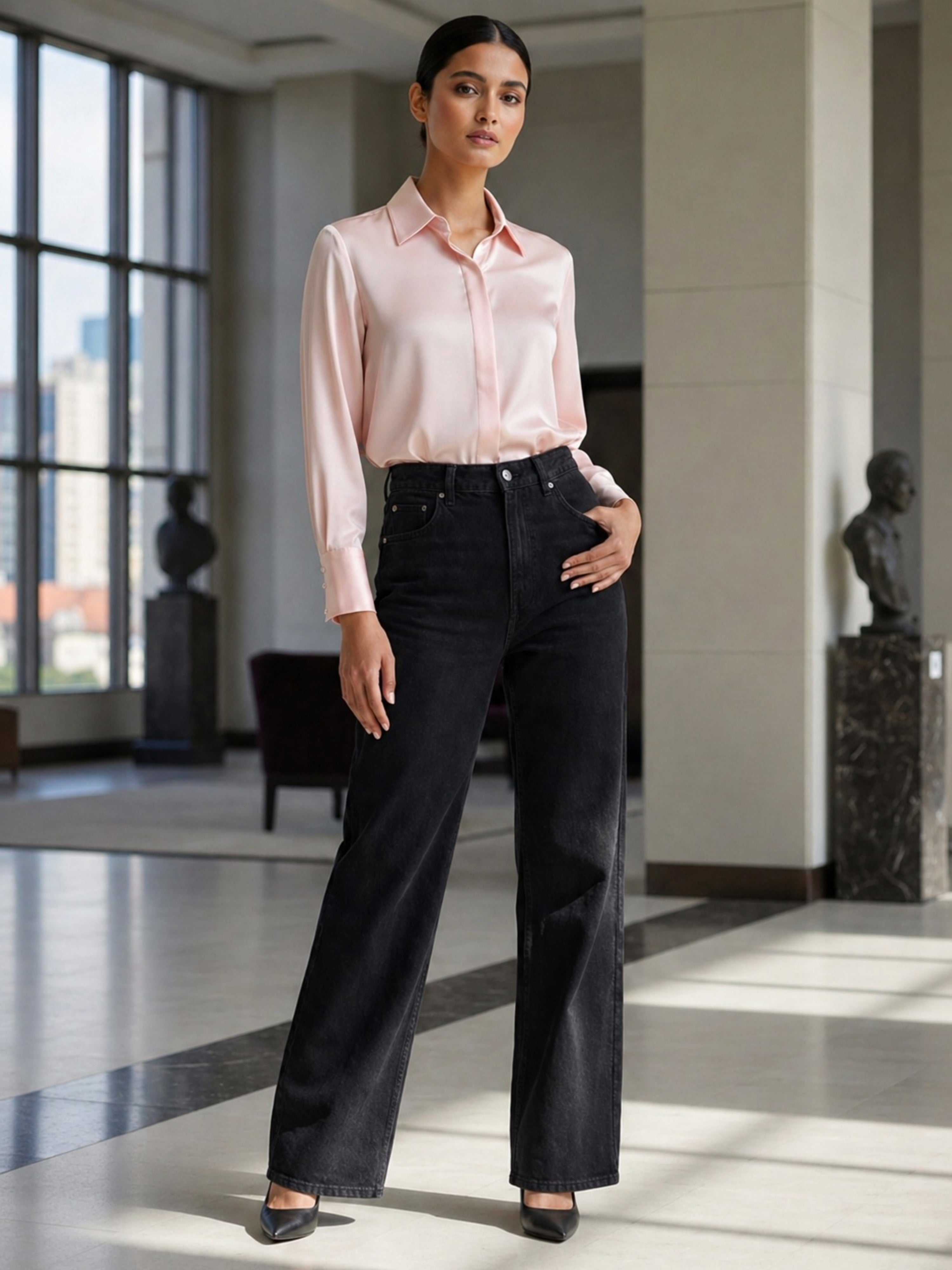 Soft Blush Satin Shirt – Classic Collared Elegant Everyday Top