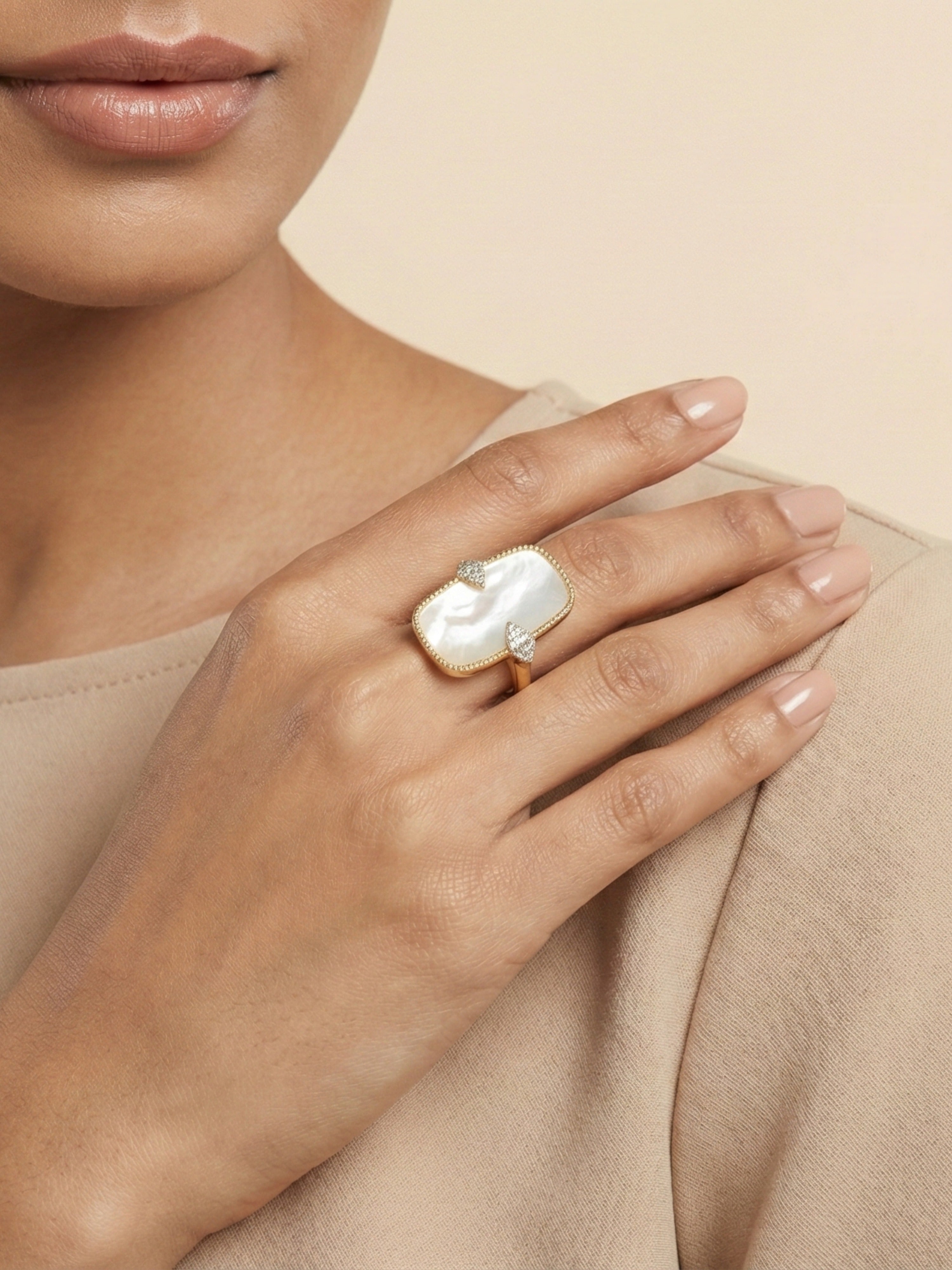 Luxe Mother of Pearl Adjustable Statement Ring – Gold Tone with Side Stones