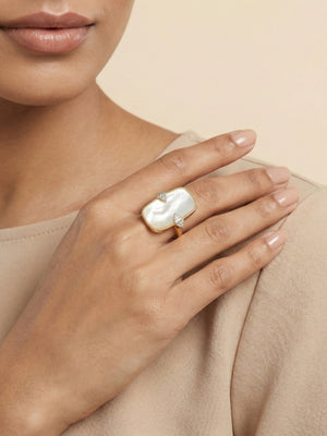 Luxe Mother of Pearl Adjustable Statement Ring – Gold Tone with Side Stones