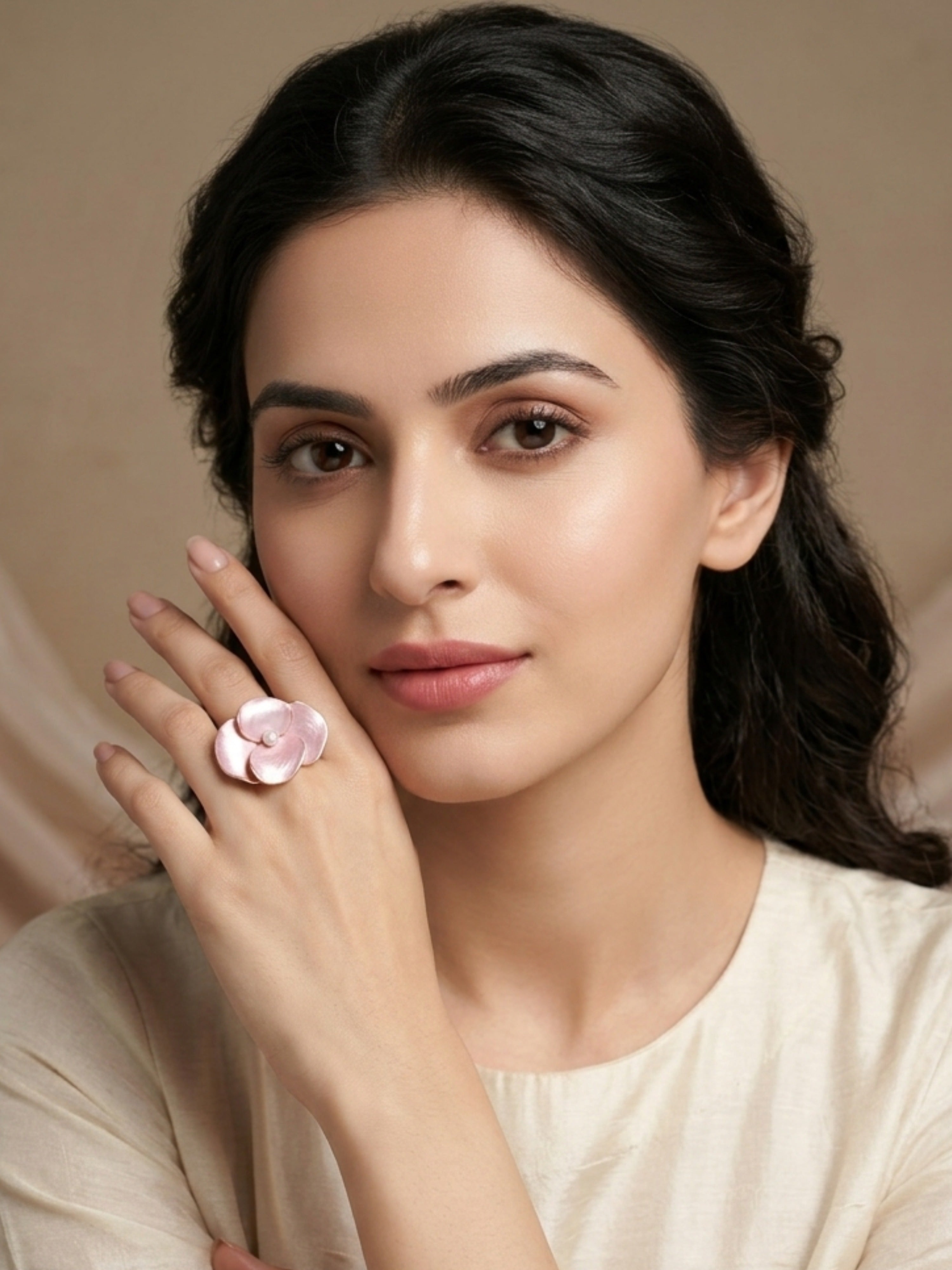 Orchid Blush Pink Enamel Adjustable Ring – Pearl Center Gold Tone Statement Jewellery