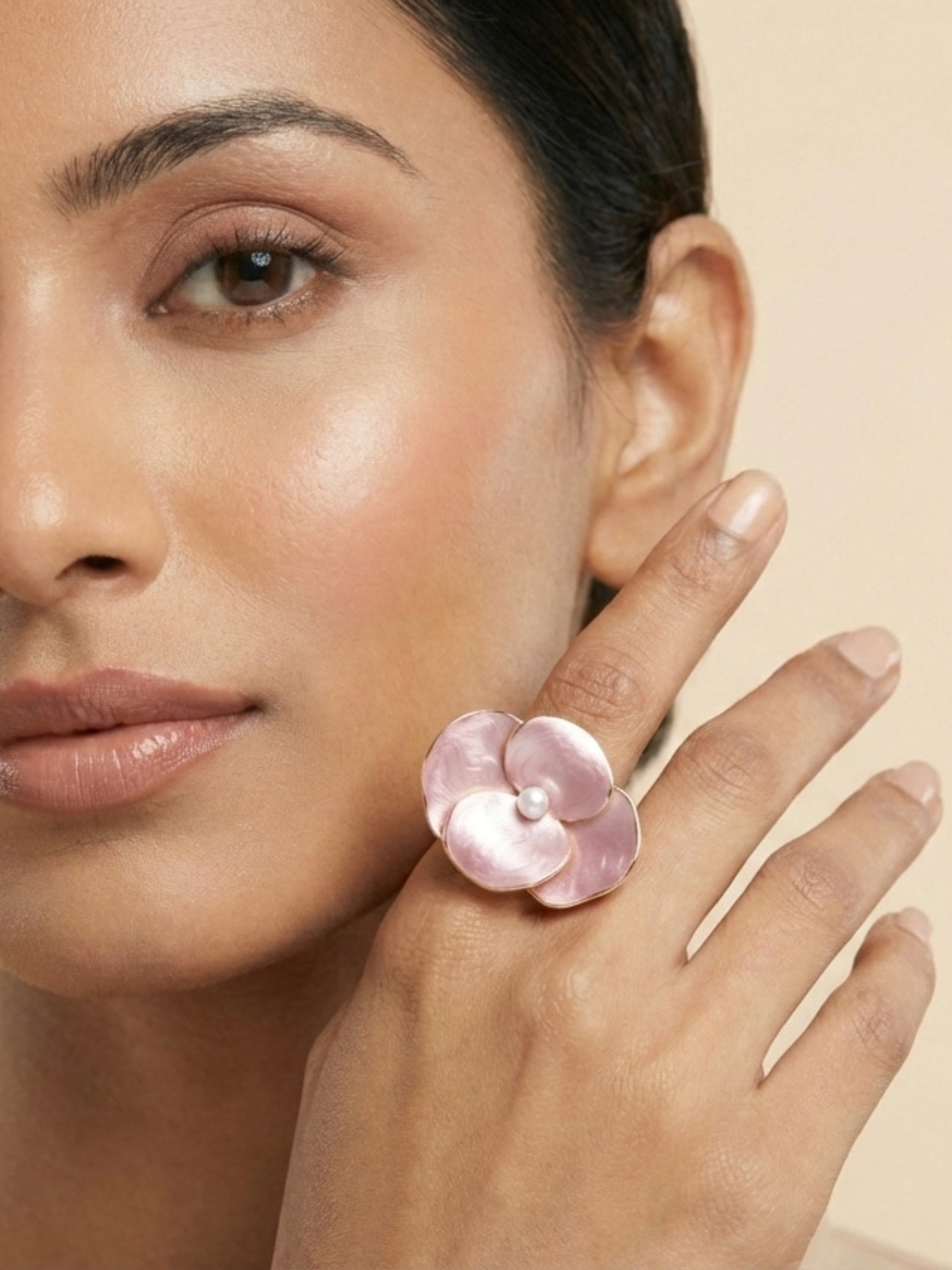 Orchid Blush Pink Enamel Adjustable Ring – Pearl Center Gold Tone Statement Jewellery
