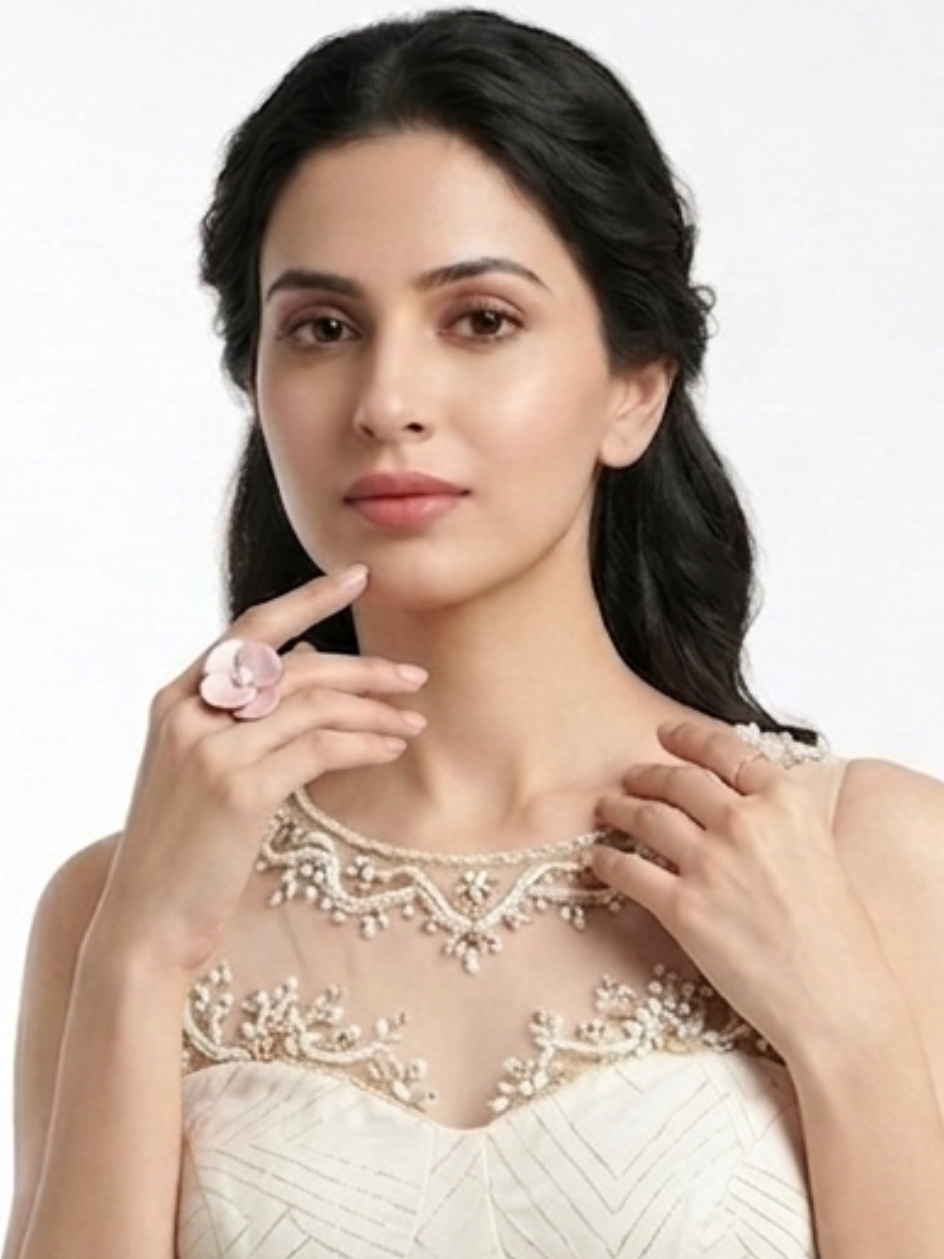 Orchid Blush Pink Enamel Adjustable Ring – Pearl Center Gold Tone Statement Jewellery