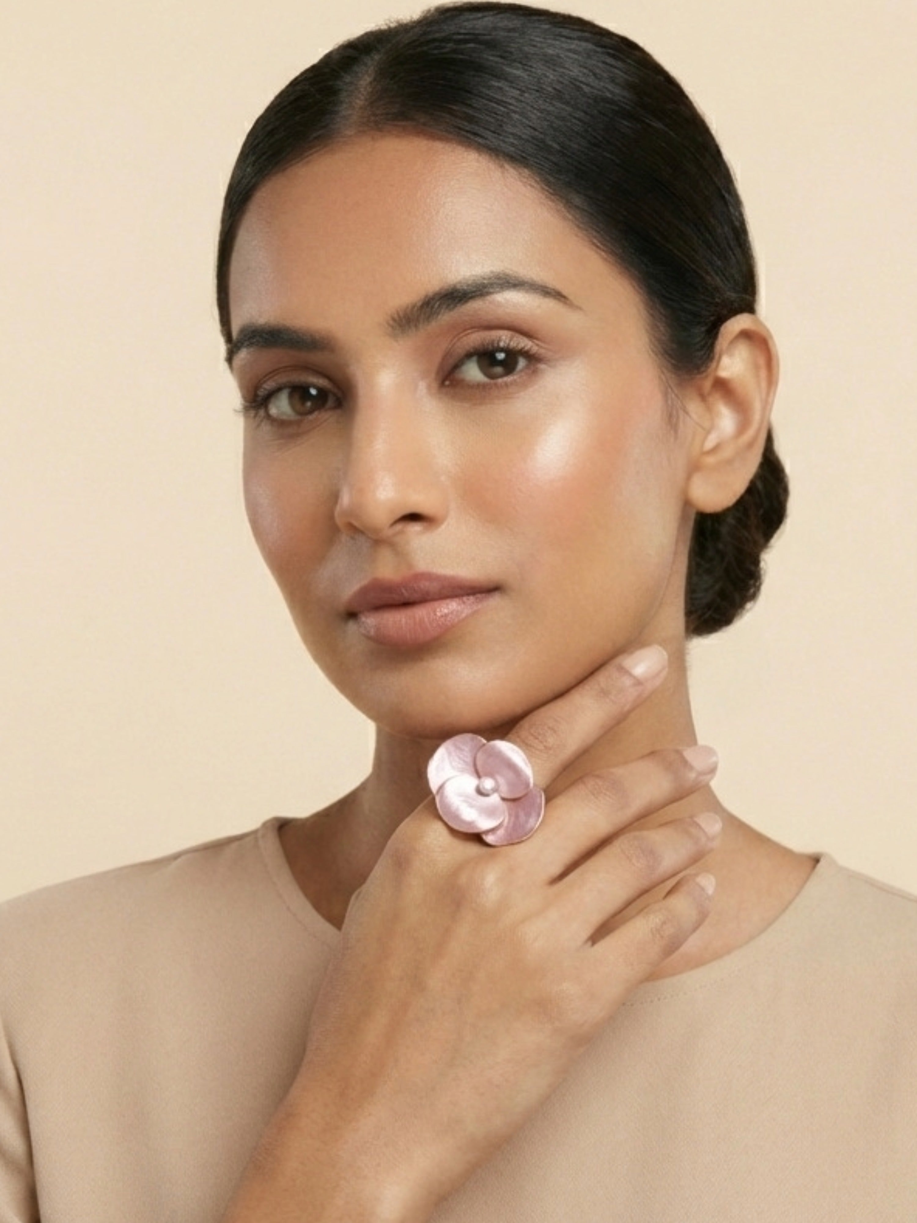 Orchid Blush Pink Enamel Adjustable Ring – Pearl Center Gold Tone Statement Jewellery