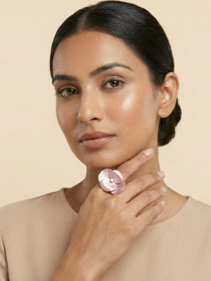 Orchid Blush Pink Enamel Adjustable Ring – Pearl Center Gold Tone Statement Jewellery