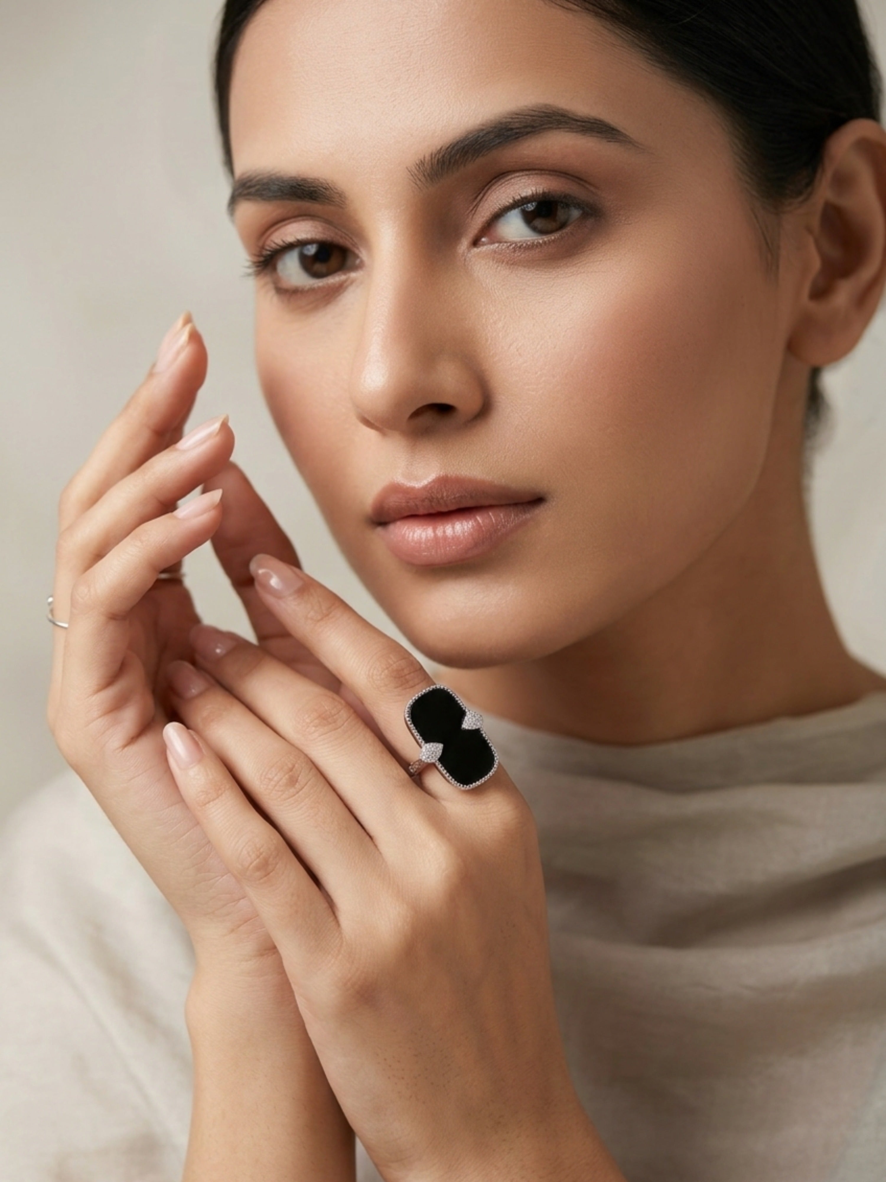 Luxe Black Onyx Adjustable Statement Ring – Silver Tone with Crystal Accents
