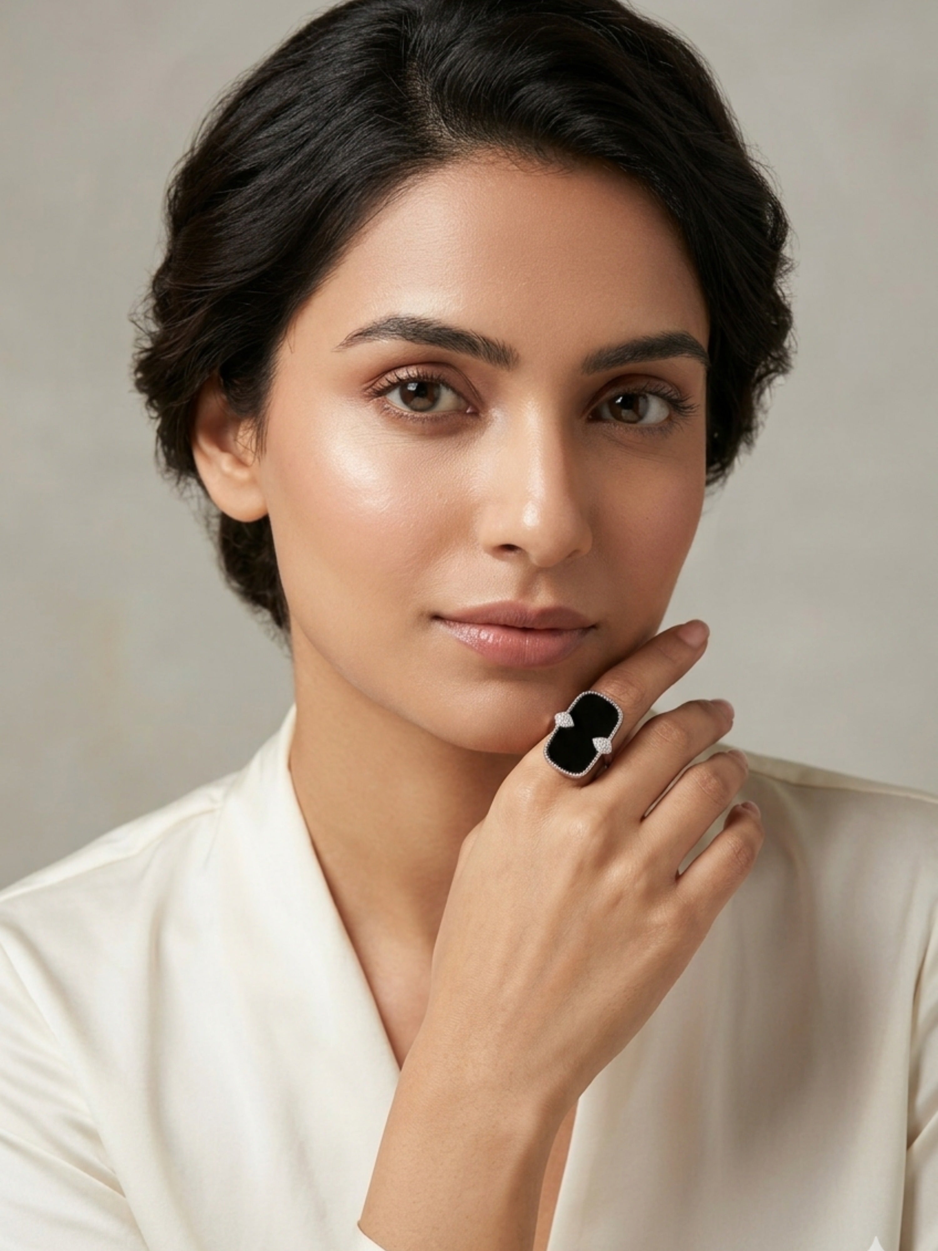 Luxe Black Onyx Adjustable Statement Ring – Silver Tone with Crystal Accents