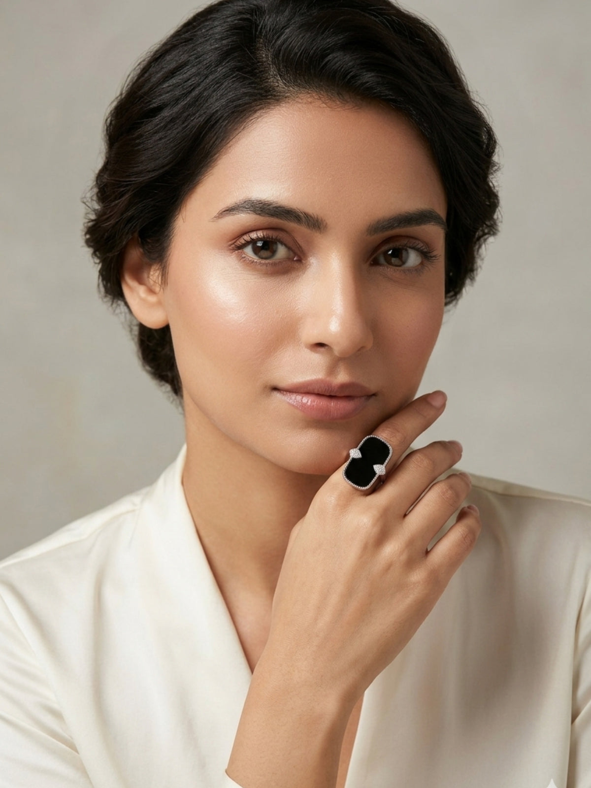 Luxe Black Onyx Adjustable Statement Ring – Silver Tone with Crystal Accents
