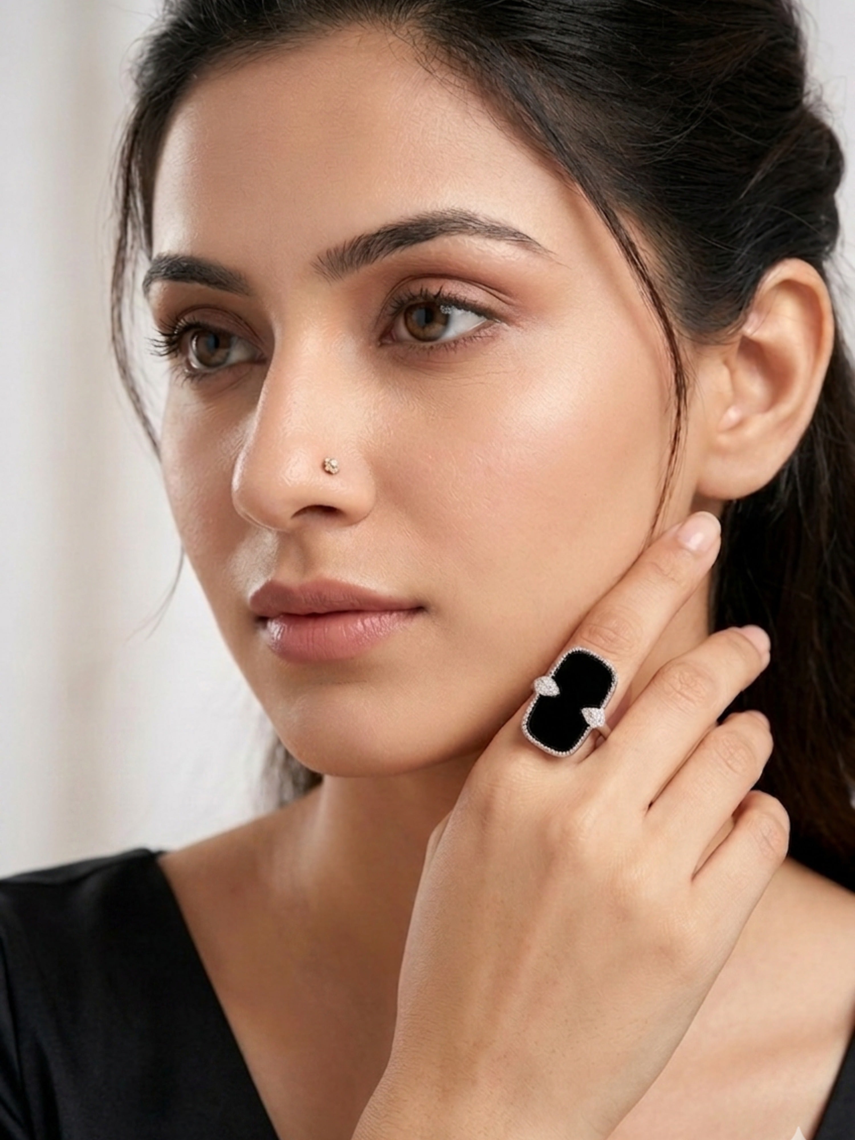 Luxe Black Onyx Adjustable Statement Ring – Silver Tone with Crystal Accents