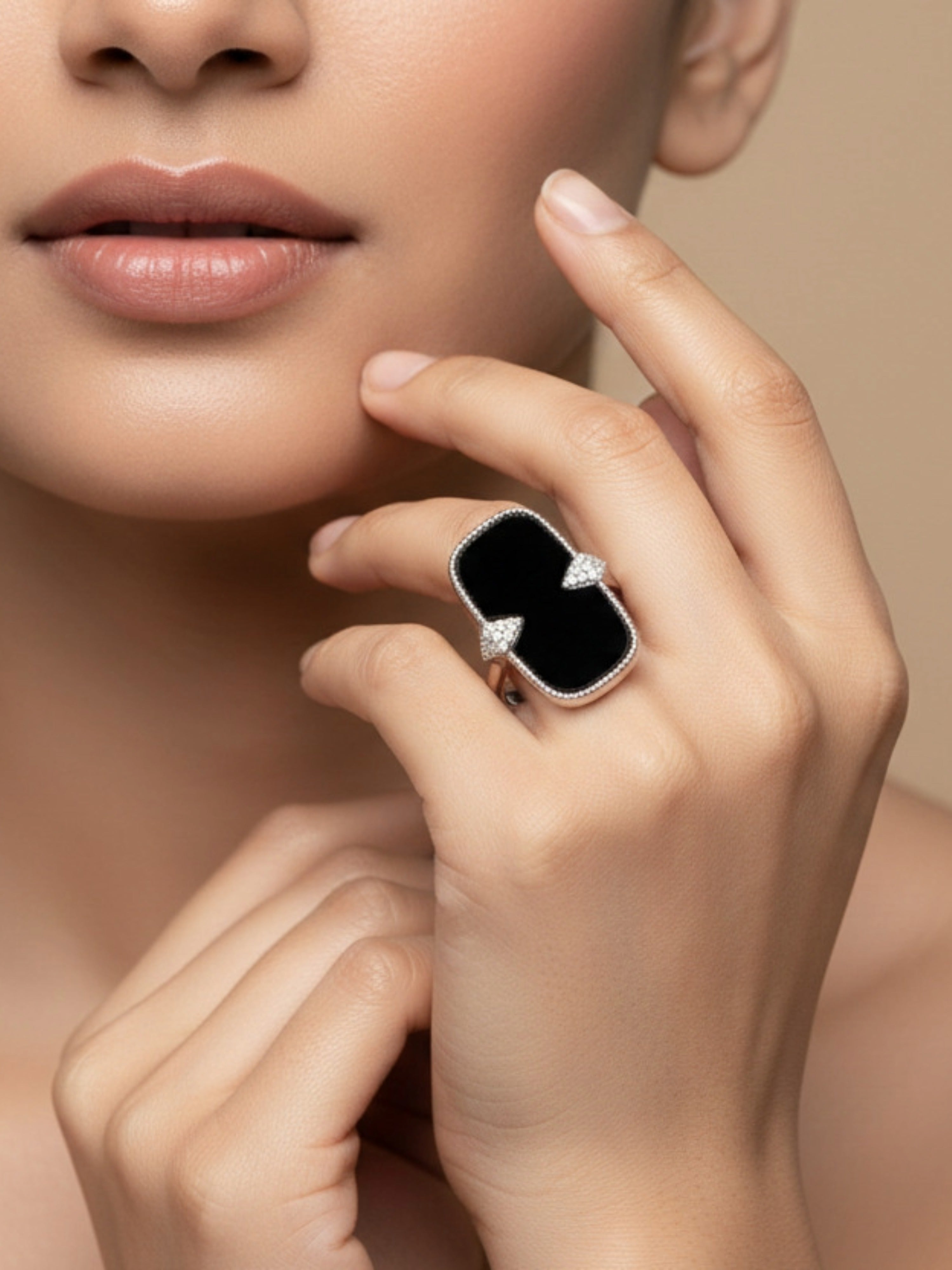 Luxe Black Onyx Adjustable Statement Ring – Silver Tone with Crystal Accents