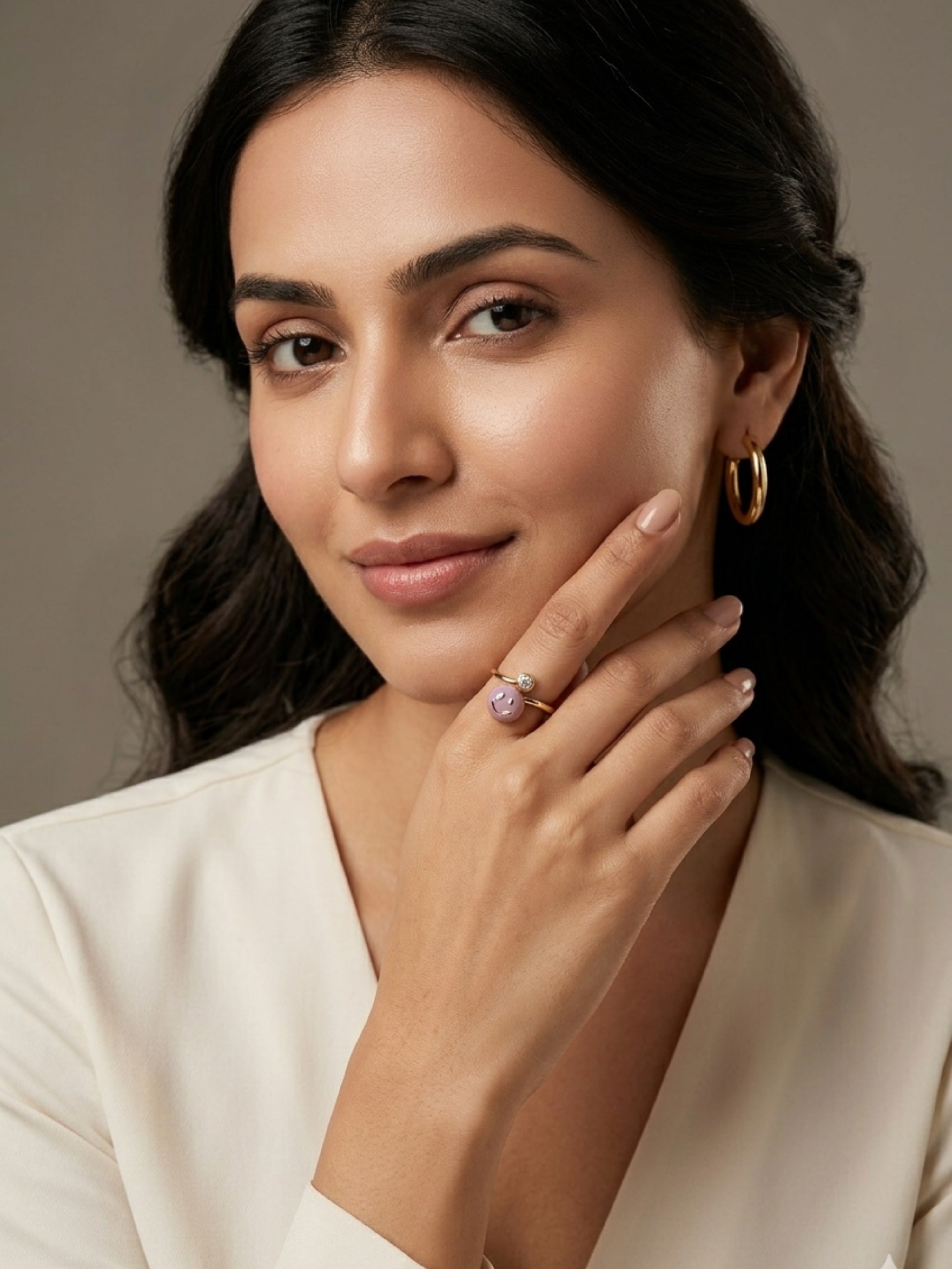 Blush Pink Smiley Face Adjustable Ring – Gold-Toned Crystal Charm Statement Ring