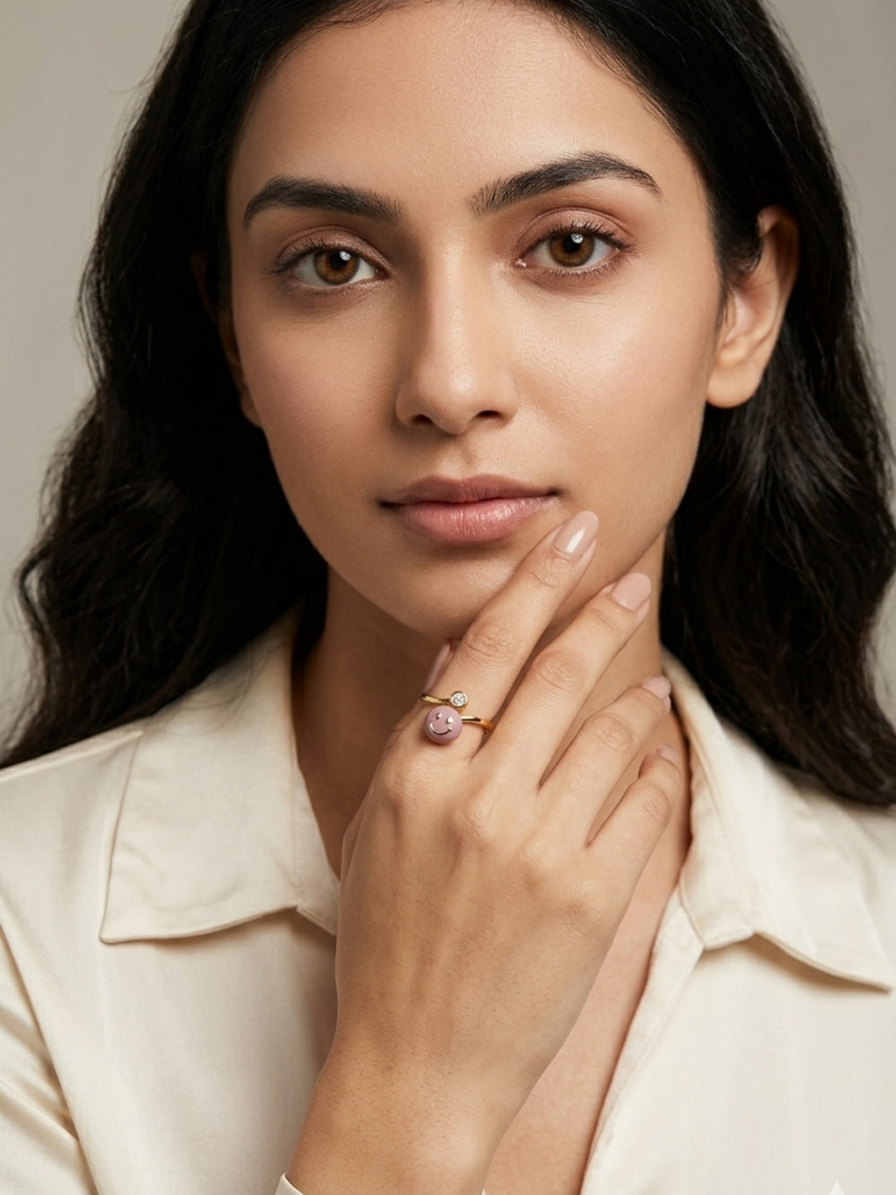 Blush Pink Smiley Face Adjustable Ring – Gold-Toned Crystal Charm Statement Ring