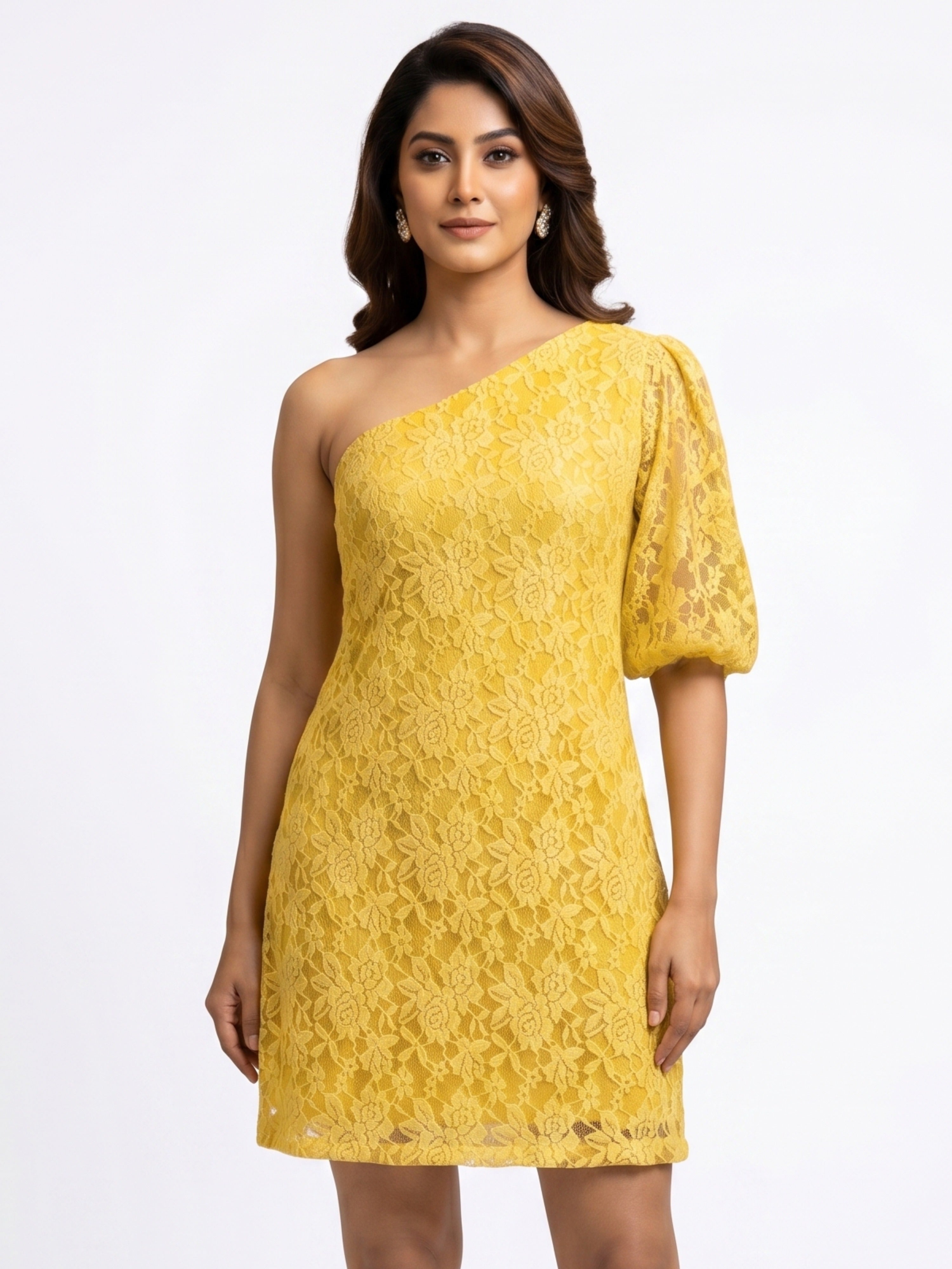 One Shoulder Yellow Lace Short Dress | Elegant Party Wear