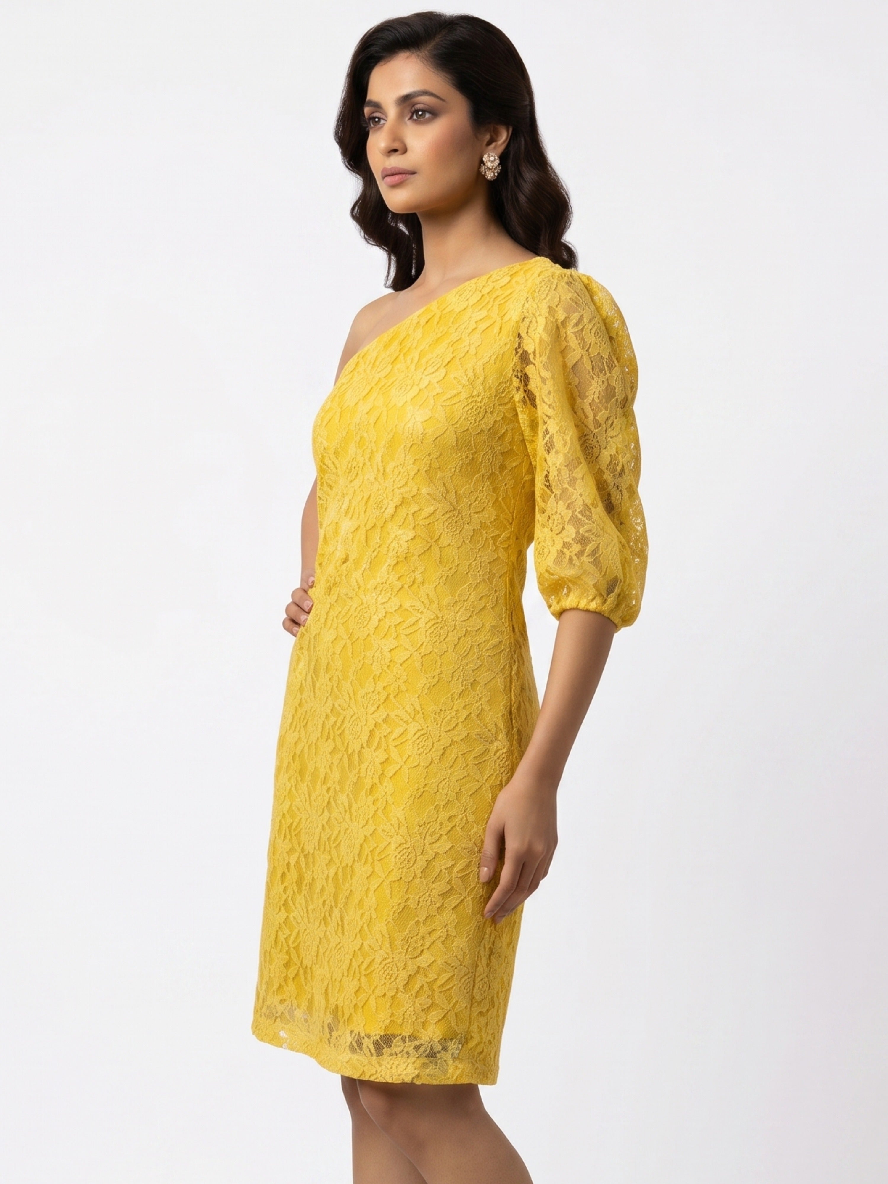 One Shoulder Yellow Lace Short Dress | Elegant Party Wear