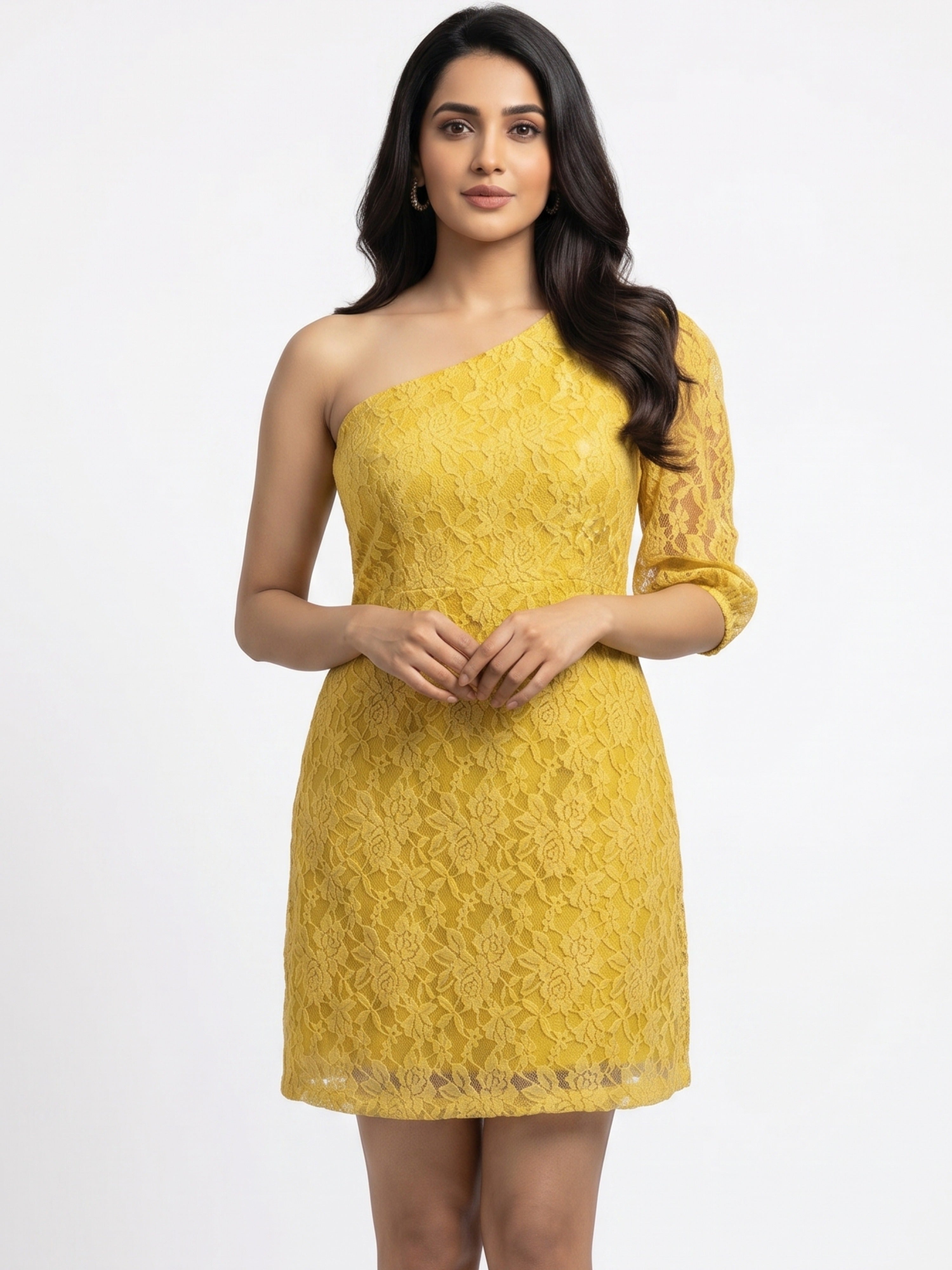 One Shoulder Yellow Lace Short Dress | Elegant Party Wear