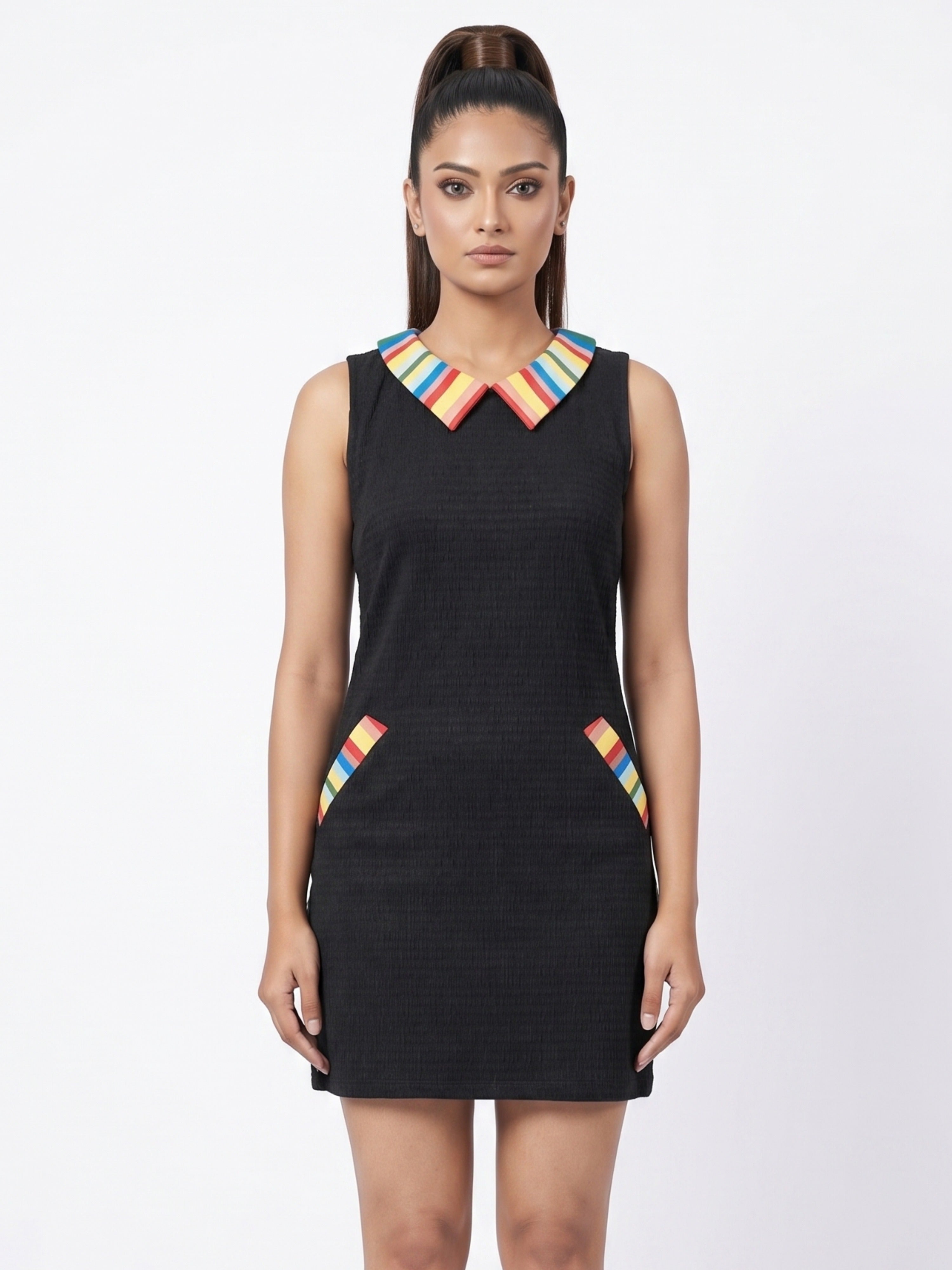 Black Textured Short Dress | Statement Collar Modern Chic Style
