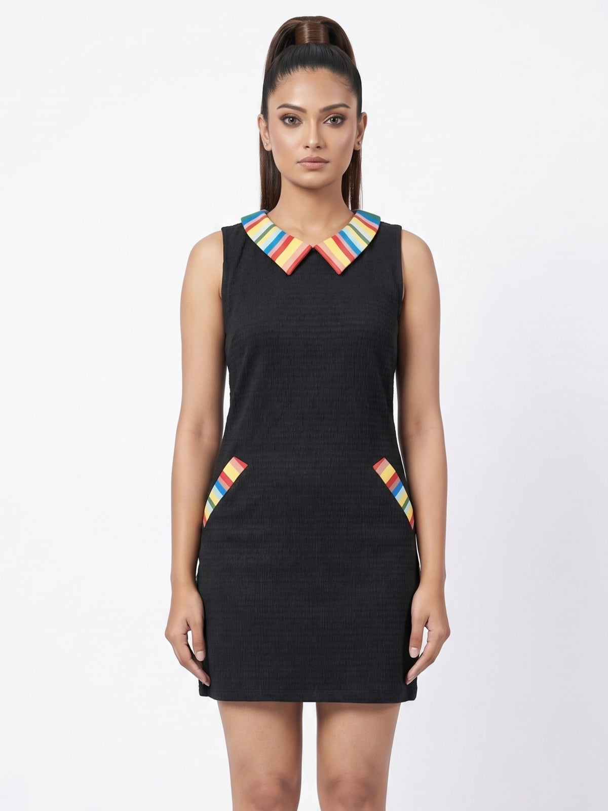 Black Textured Short Dress | Statement Collar Modern Chic Style