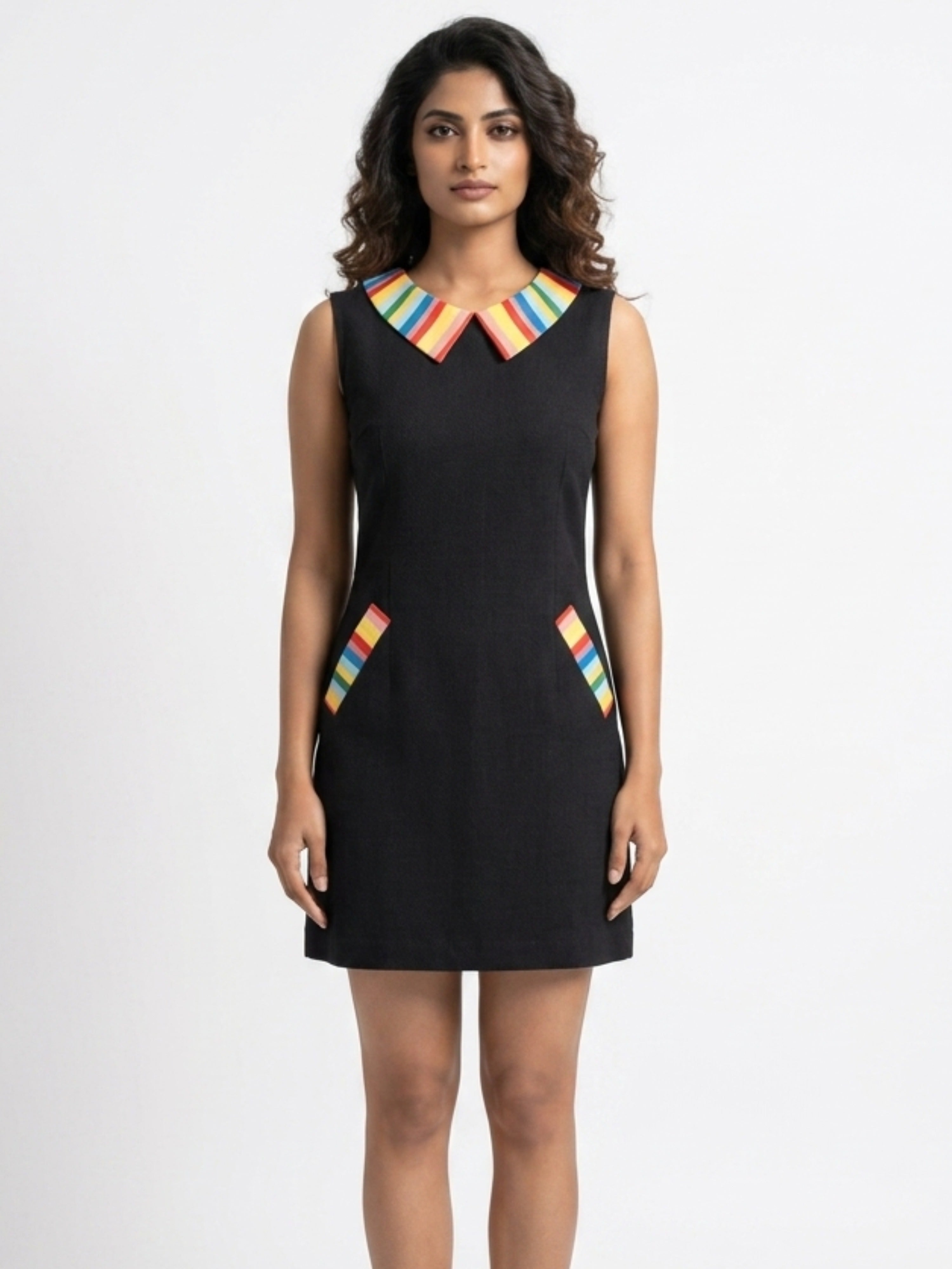 Black Textured Short Dress | Statement Collar Modern Chic Style