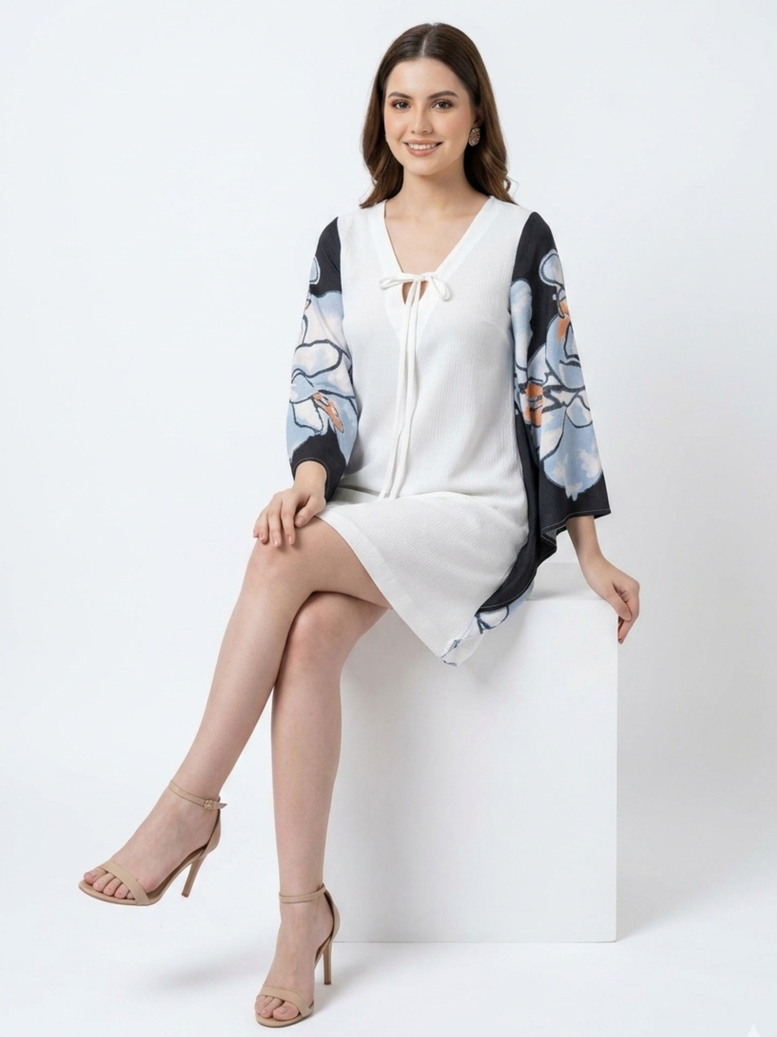 Monochrome Chiffon Short Dress | Boho Tie-Detail Flowing Elegance