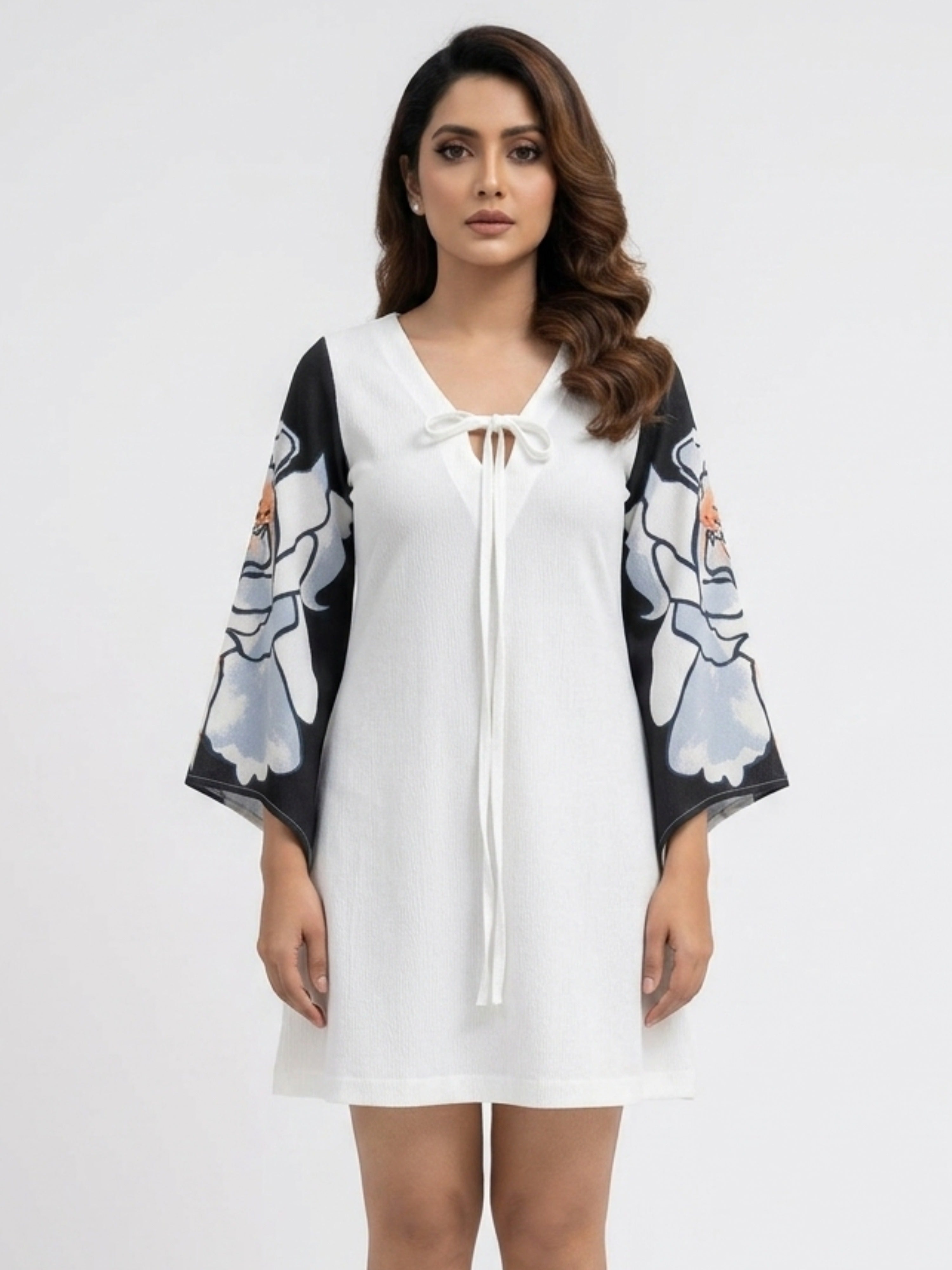 Monochrome Chiffon Short Dress | Boho Tie-Detail Flowing Elegance